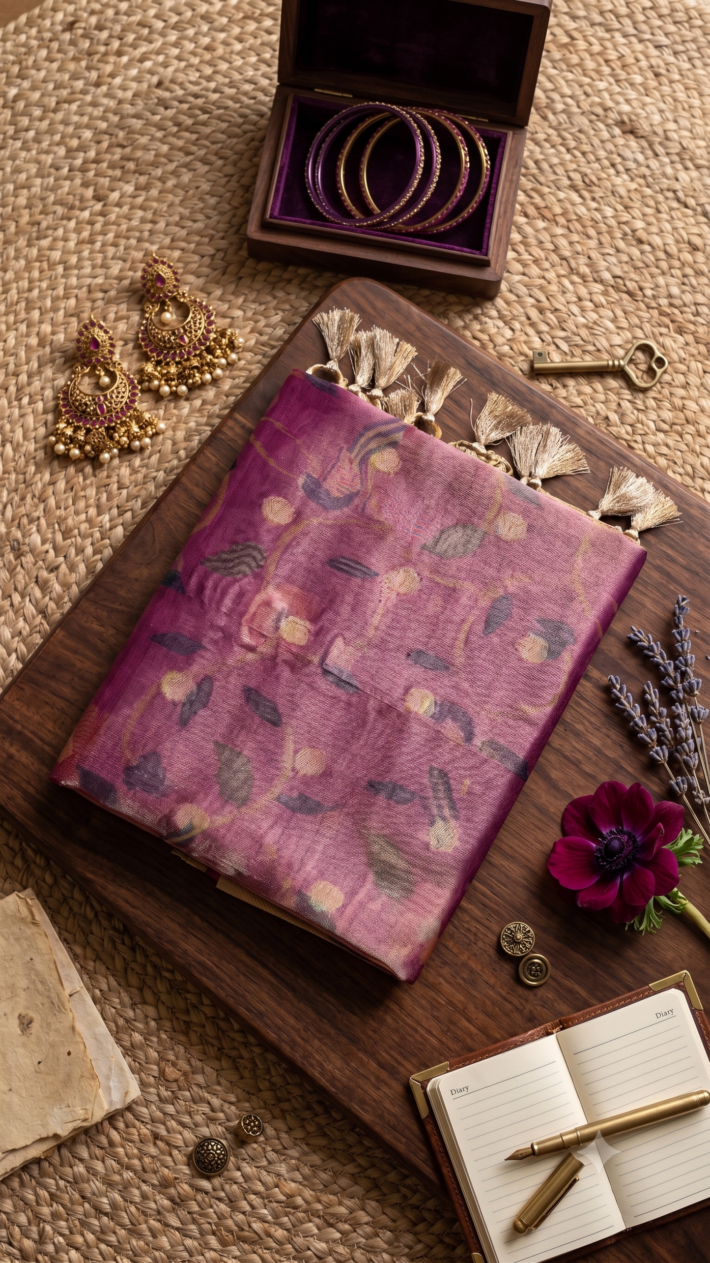 Mauve Pathani Tissue Organza Saree with Zari Border – Floral Bird Motif