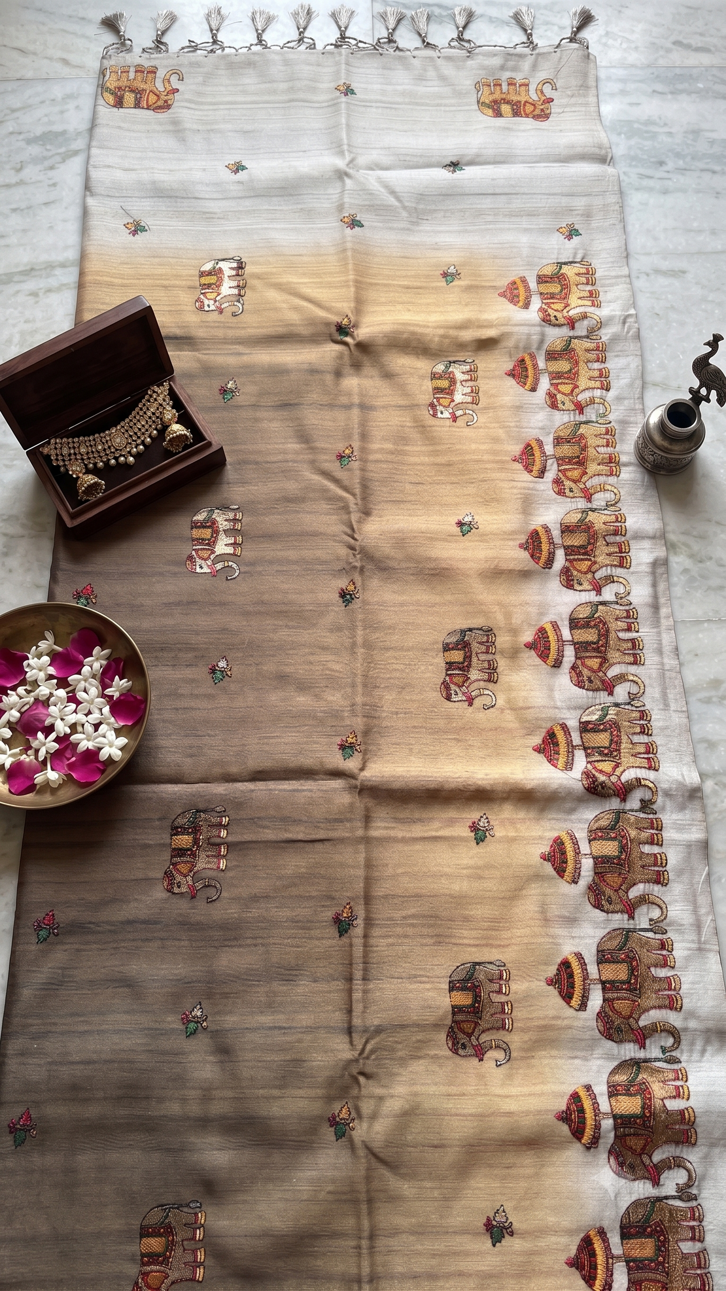 Beige Ombre Tussar Silk Saree with Narthaki Print & Elephant Applique with Blouse Piece