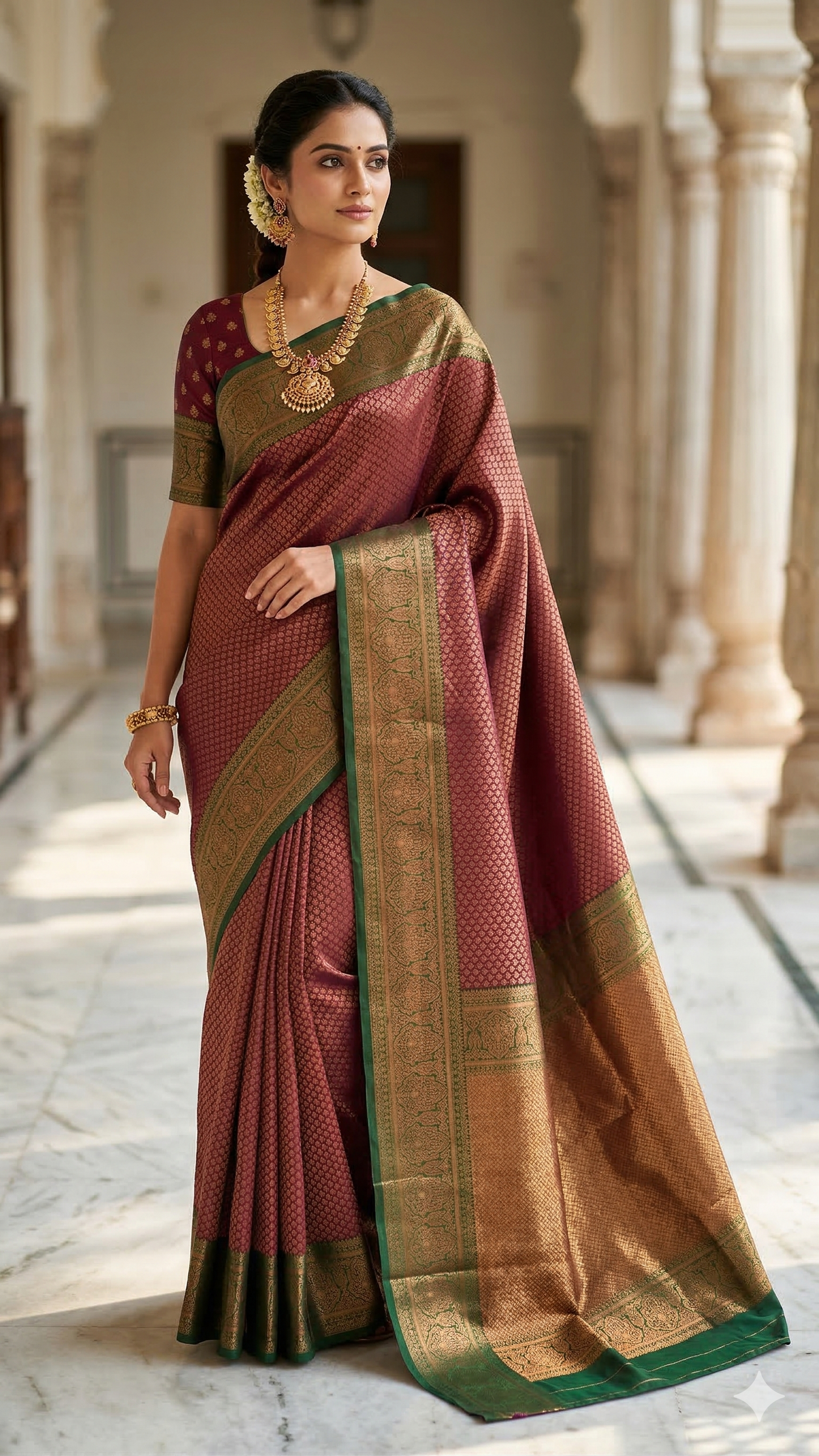 Kanchipuram Silk Saree with Blouse Piece – Maroon Zari Woven Saree with Green Border