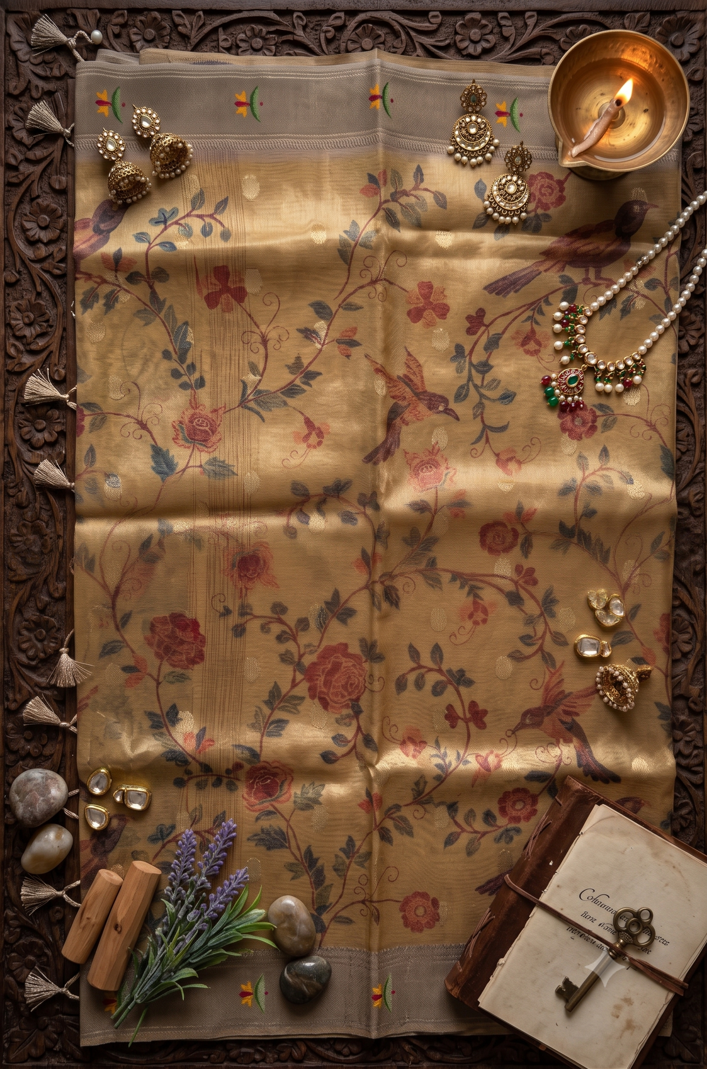 Golden Pathani Tissue Organza Saree with Zari Border – Floral Bird Motif |