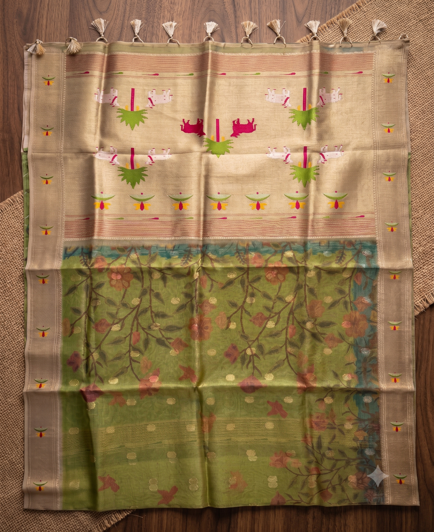 Olive Green Pathani Tissue Organza Saree with Zari Border – Floral Bird Motif