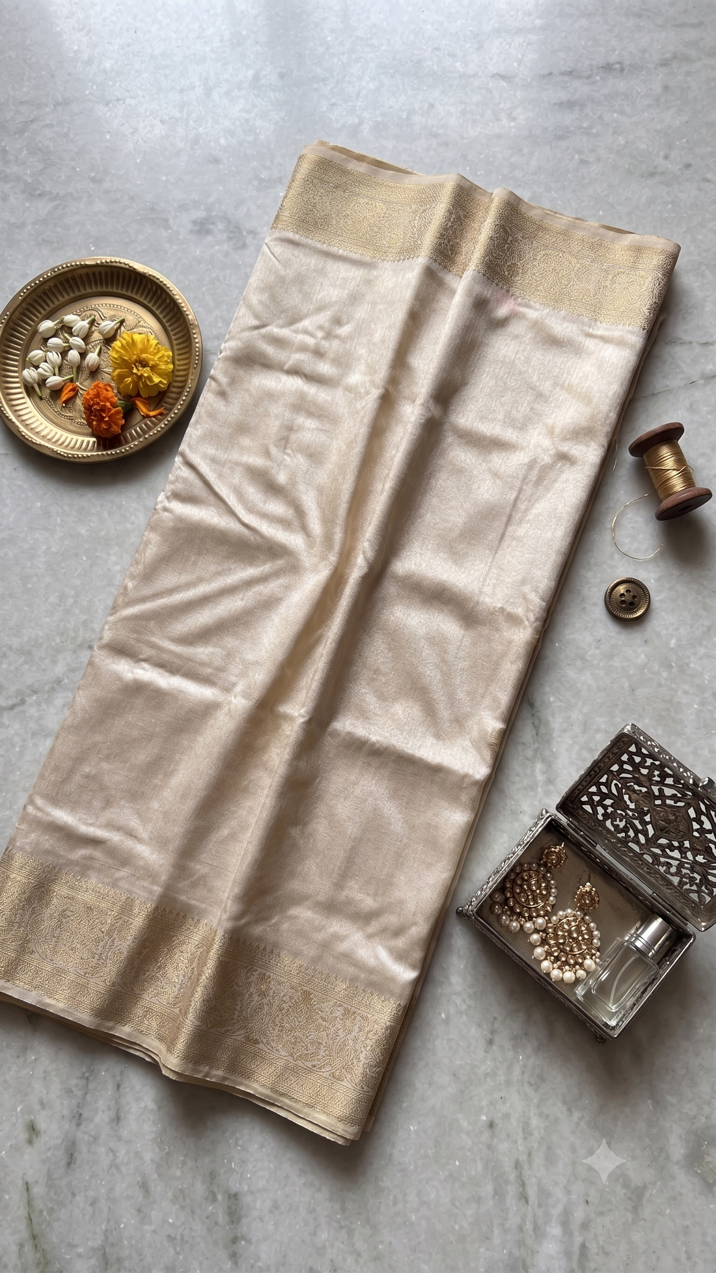 Ivory Meenakari Ghicha Silk Mix Saree with Gold Zari Border