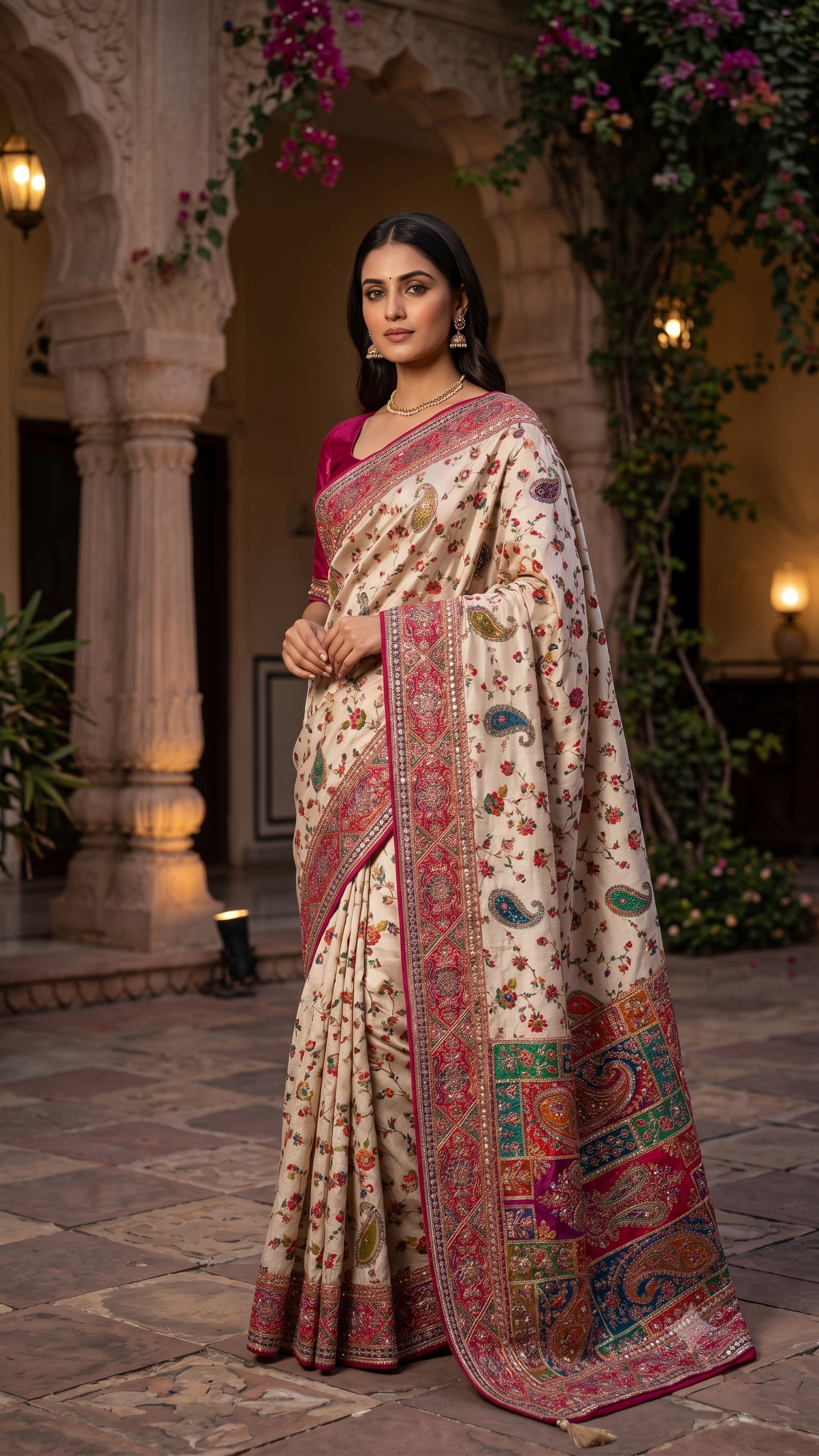 Kani Pashmina Silk Saree with Multicolor Paisley Border & Stitched Embroidered Blouse