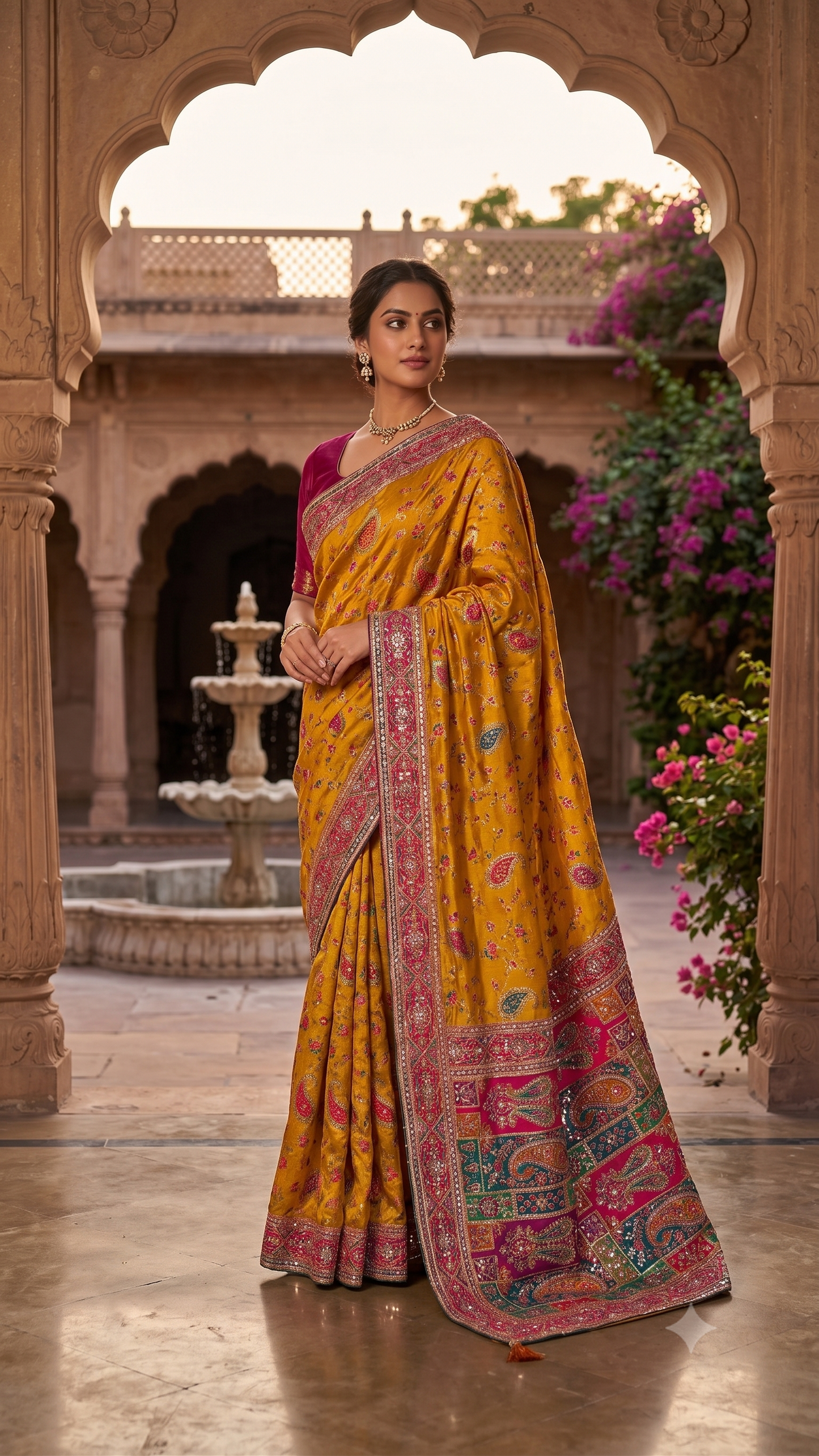 Kani Pashmina Silk Saree in Mustard Yellow with Multicolor Paisley Border & Stitched Embroidered Blouse