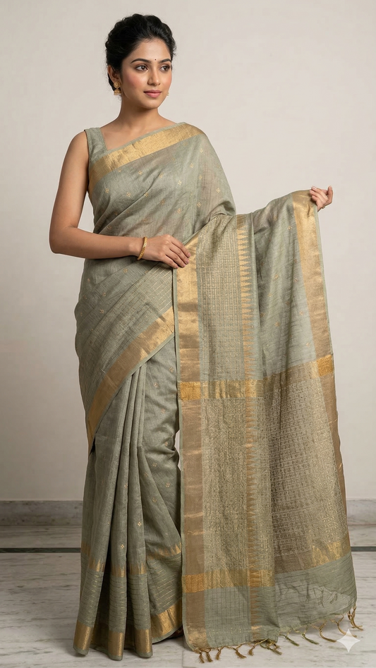 Handloom Cotton Silk Saree with Blouse Piece – Light Sage Green Lightweight Office Wear Saree with Gold Zari Border