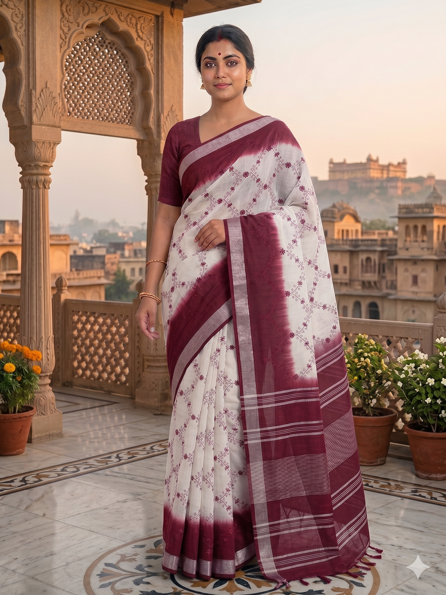 Kaya Kalpo White Linen Kantha Stitch Saree | Maroon Striped Border & Pallu | Handcrafted Casual & Festive Wear