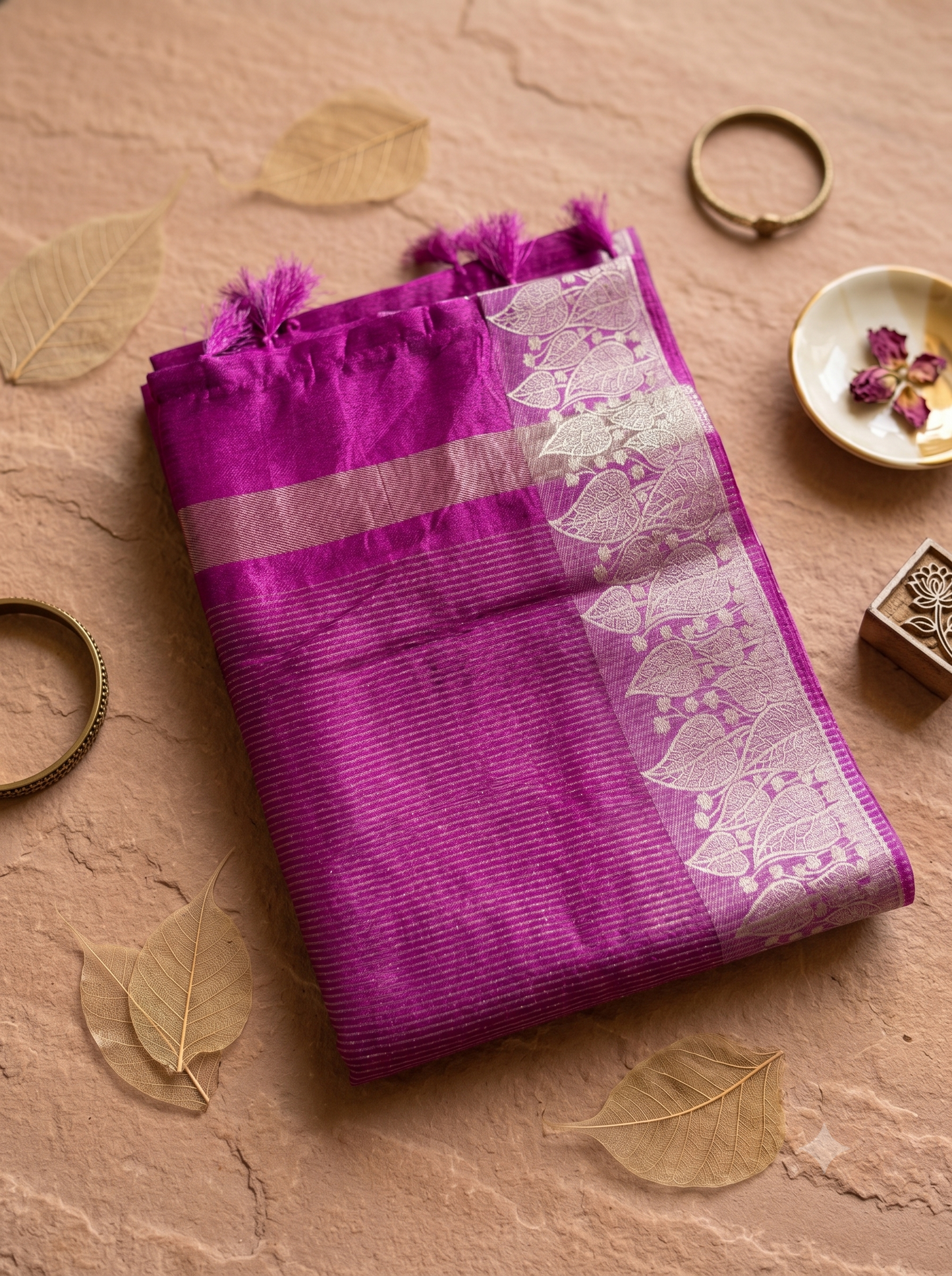 Magenta Semi Tussar Silk Saree with Gold Leaf Border