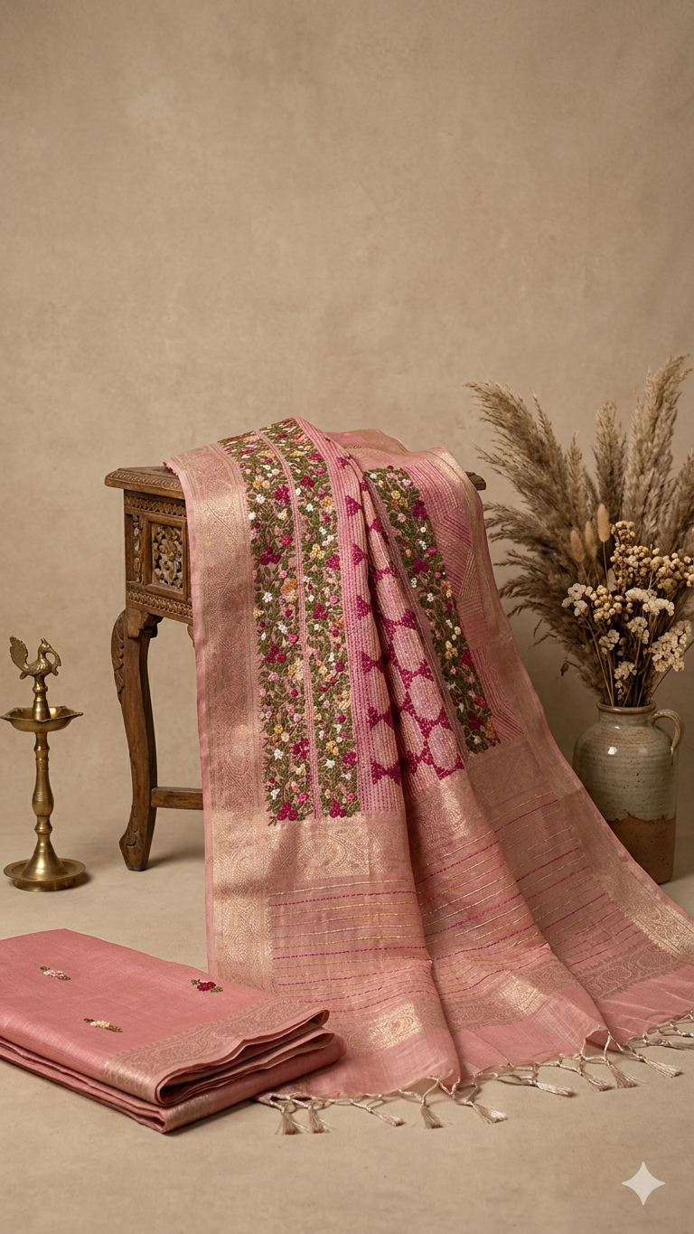Kaya Kalpo Pink Benarasi Kota Silk Saree with Floral Embroidery Work | Lightweight Designer Saree