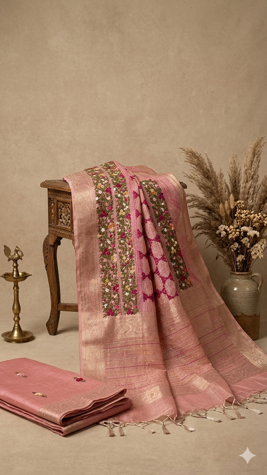 Kaya Kalpo Pink Benarasi Kota Silk Saree with Floral Embroidery Work | Lightweight Designer Saree