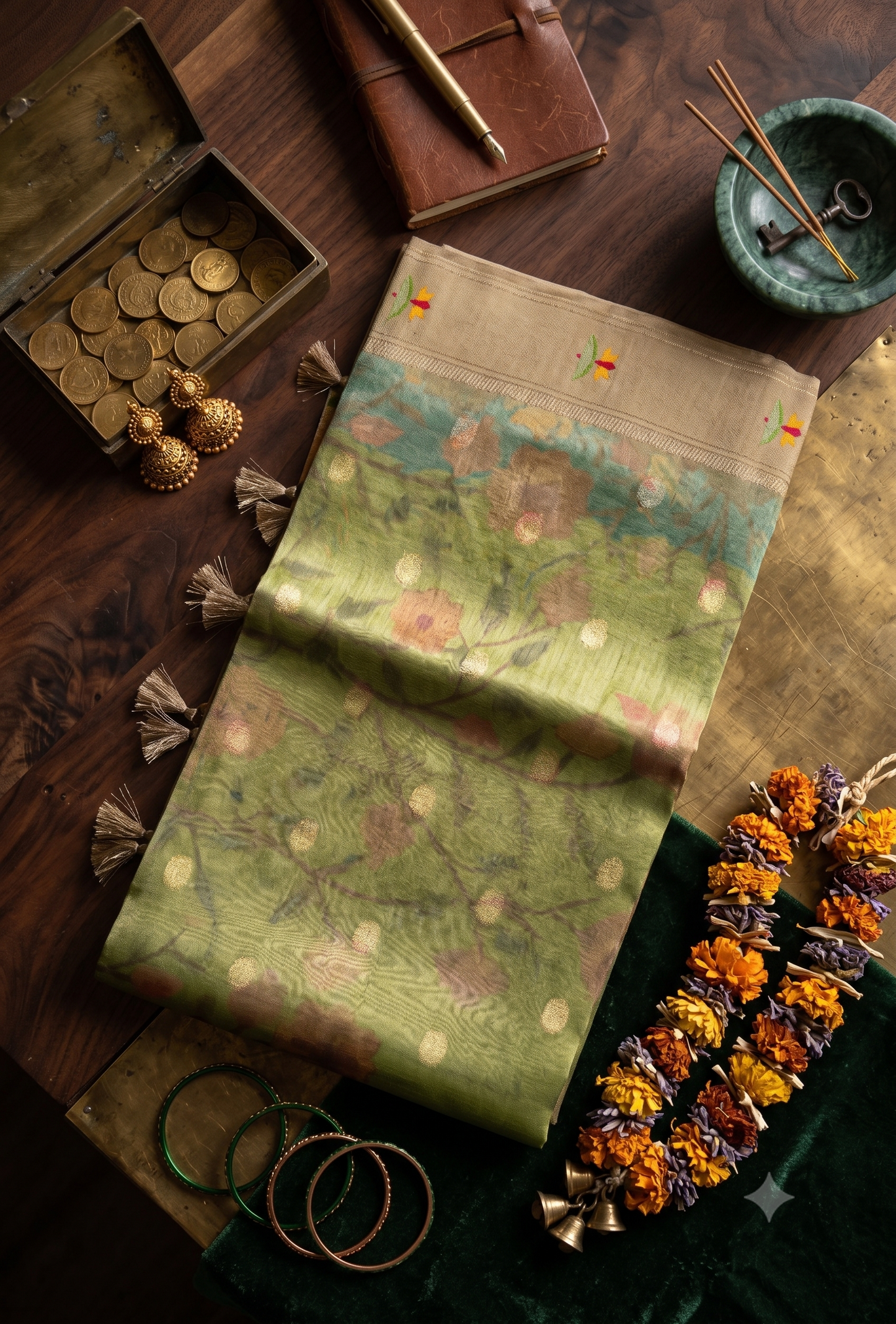 Olive Green Pathani Tissue Organza Saree with Zari Border – Floral Bird Motif