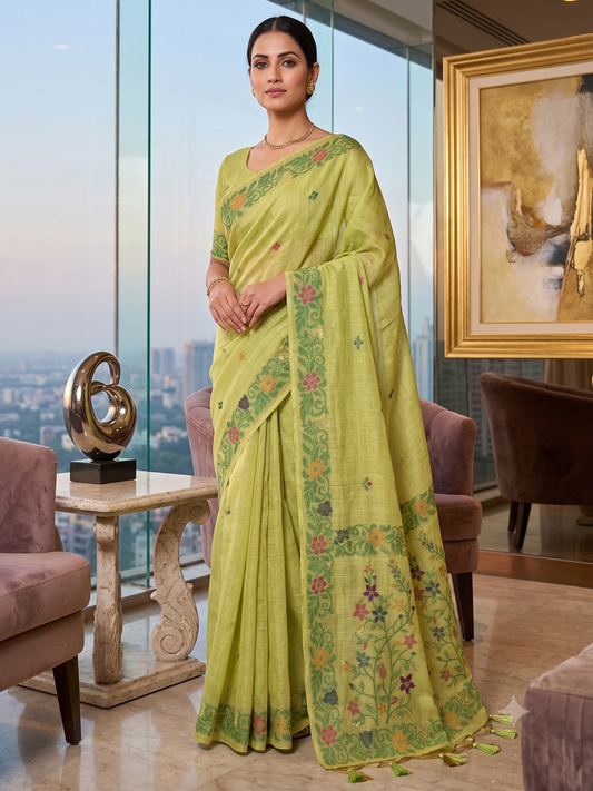 Lime Green Handloom Saree with Fine Weaving Floral Border – Lightweight Body-Hugging Drape