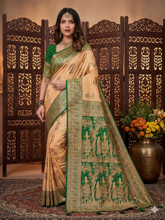 Kaya Kalpo Bengal Silk Saree | Peach & Green Banarasi-Inspired Woven Pallu | Bridal & Festive Wear