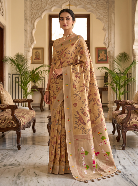 Golden Pathani Tissue Organza Saree with Zari Border – Floral Bird Motif |