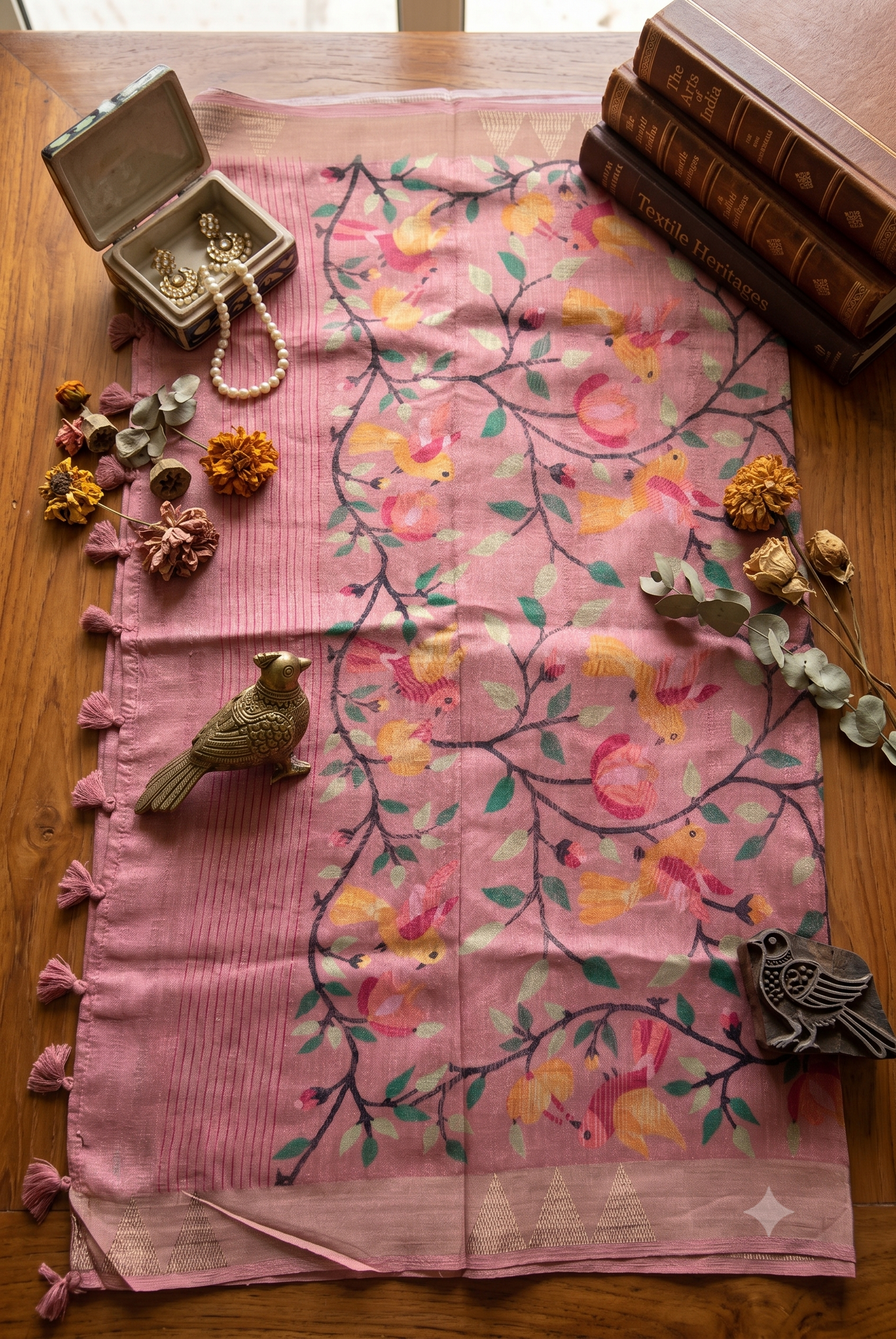 Dusty Rose Tussar Cotton Saree with Bird Motif Border – Traditional Handloom Style