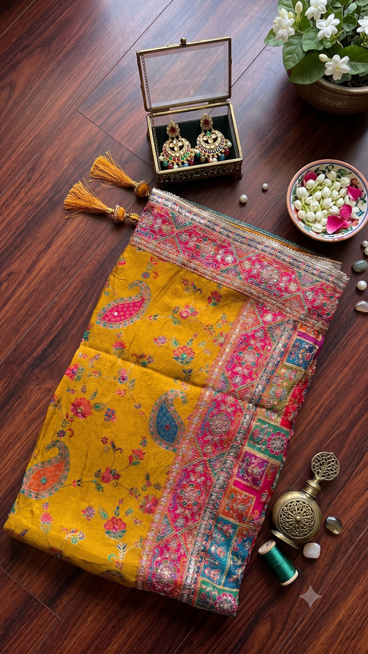 Kani Pashmina Silk Saree in Mustard Yellow with Multicolor Paisley Border & Stitched Embroidered Blouse