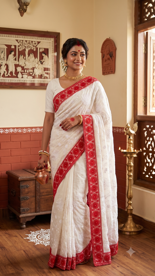 Lal Paar Chikankari Silk Saree with Blouse | Kaya Kalpo