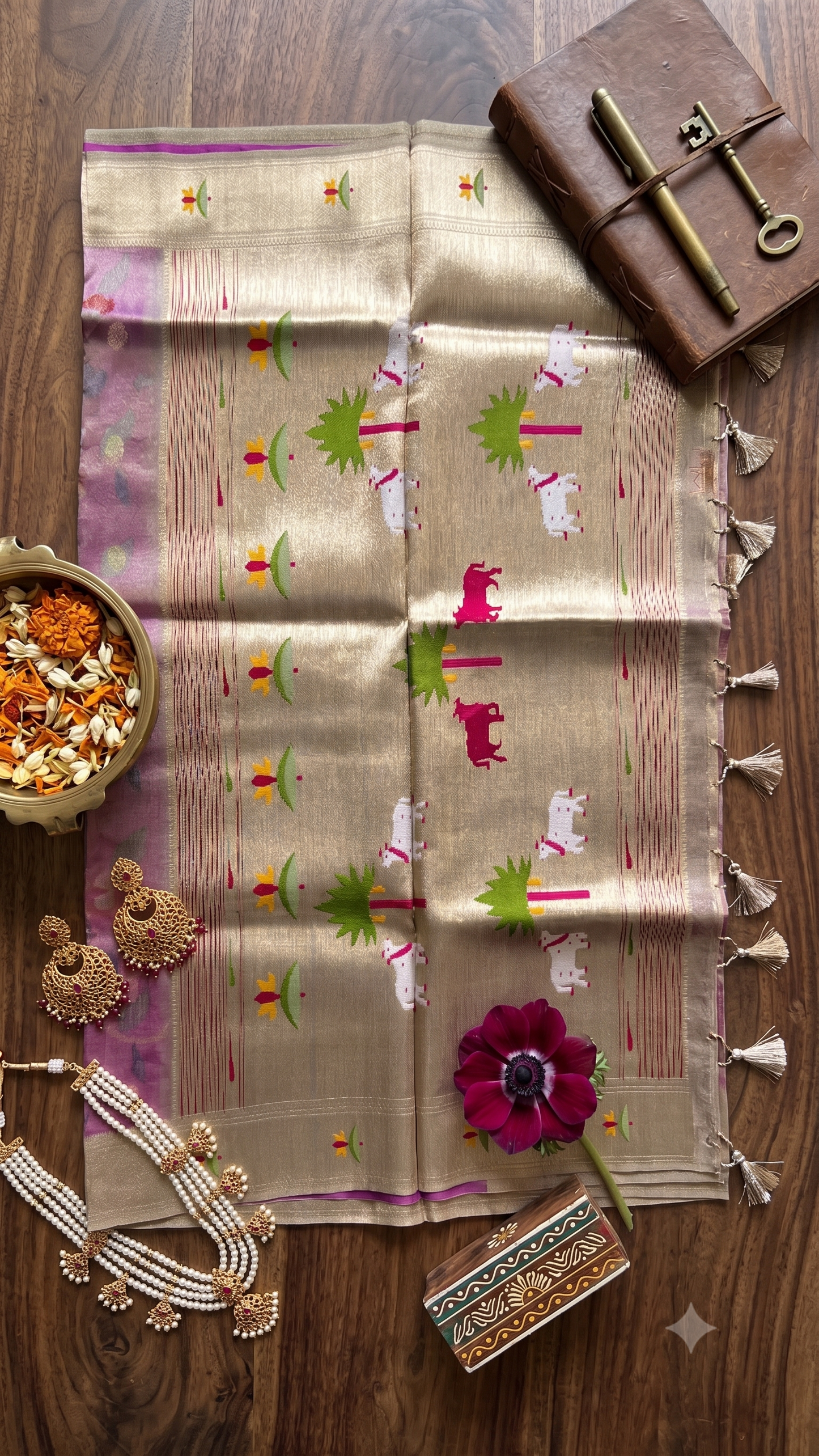 Mauve Pathani Tissue Organza Saree with Zari Border – Floral Bird Motif