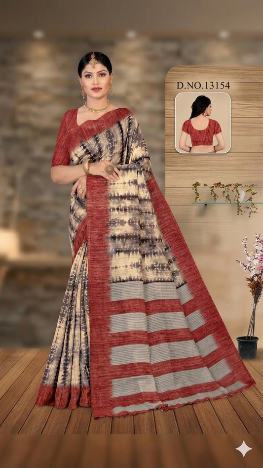 Handloom Cotton Silk Saree with Blouse Piece – Lightweight Daily Wear Saree in Red & Beige Tie-Dye Design