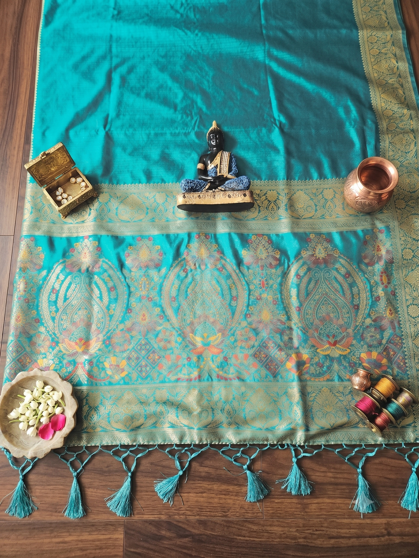 Teal Meenakari Ghicha Silk Mix Saree with Zari Border & Paisley Pallu