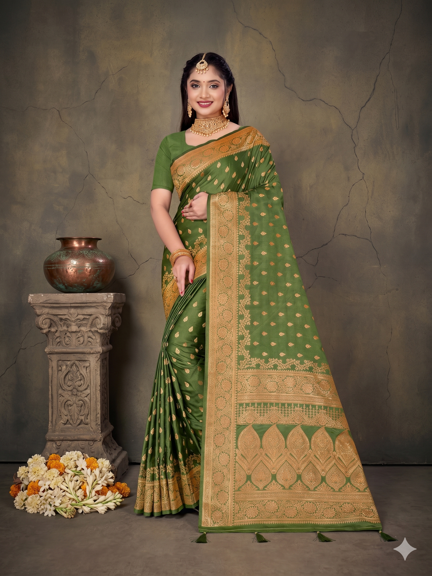 Kaya Kalpo Olive Green Satin Saree | Gold Zari Booti Body & Large Leaf Woven Pallu | Festive & Bridal Wear