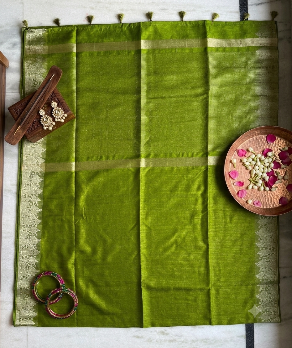 Olive Green Semi Tussar Silk Saree with Gold Leaf Border