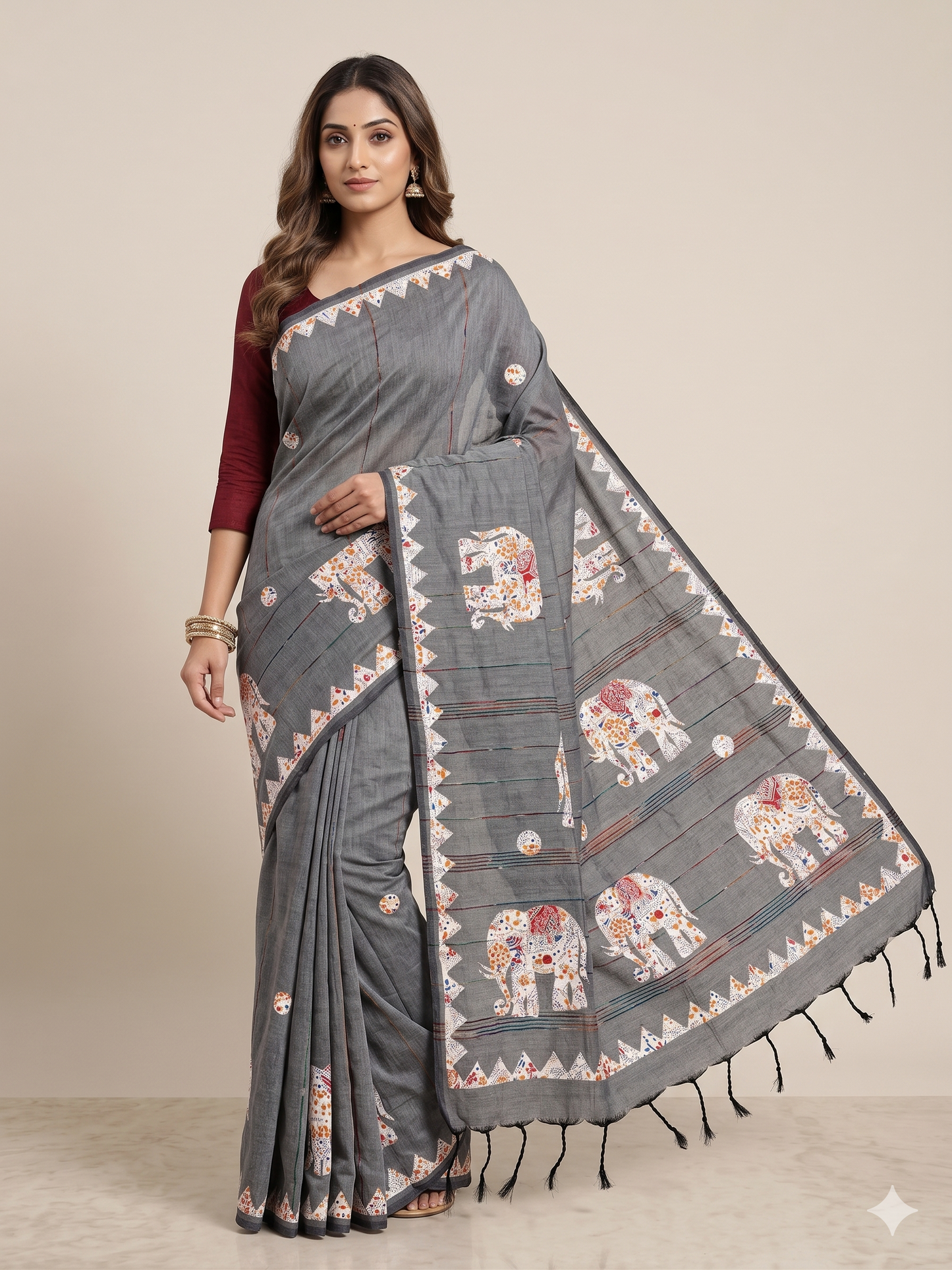 Grey Cotton Applique Handloom Saree | Hand-Crafted Elephant Motif | Traditional Indian Ethnic Wear