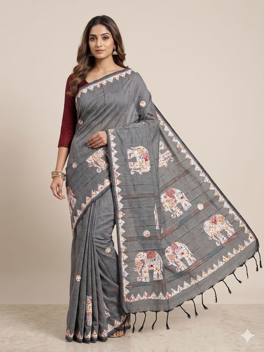 Grey Cotton Applique Handloom Saree | Hand-Crafted Elephant Motif | Traditional Indian Ethnic Wear
