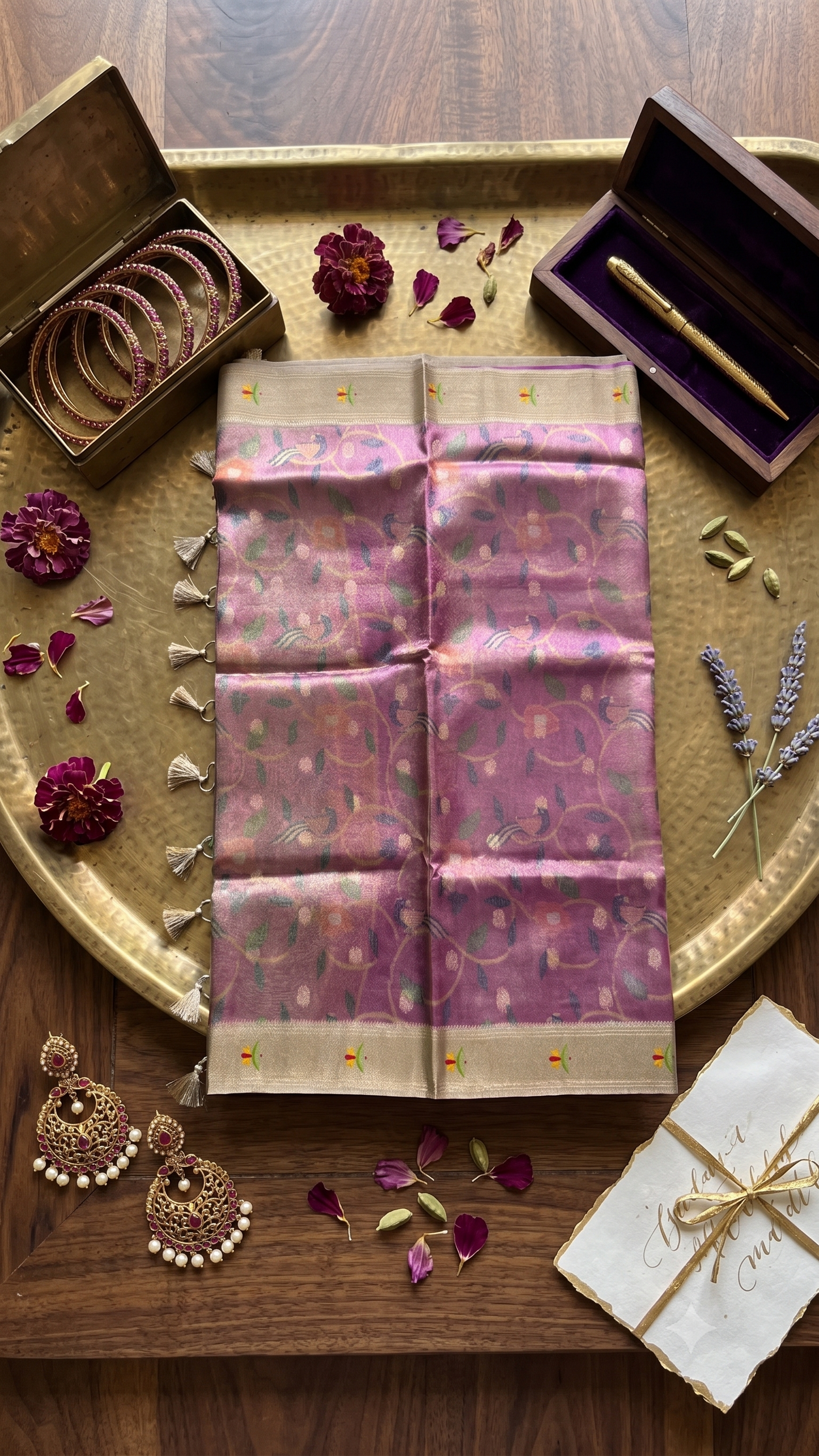 Mauve Pathani Tissue Organza Saree with Zari Border – Floral Bird Motif