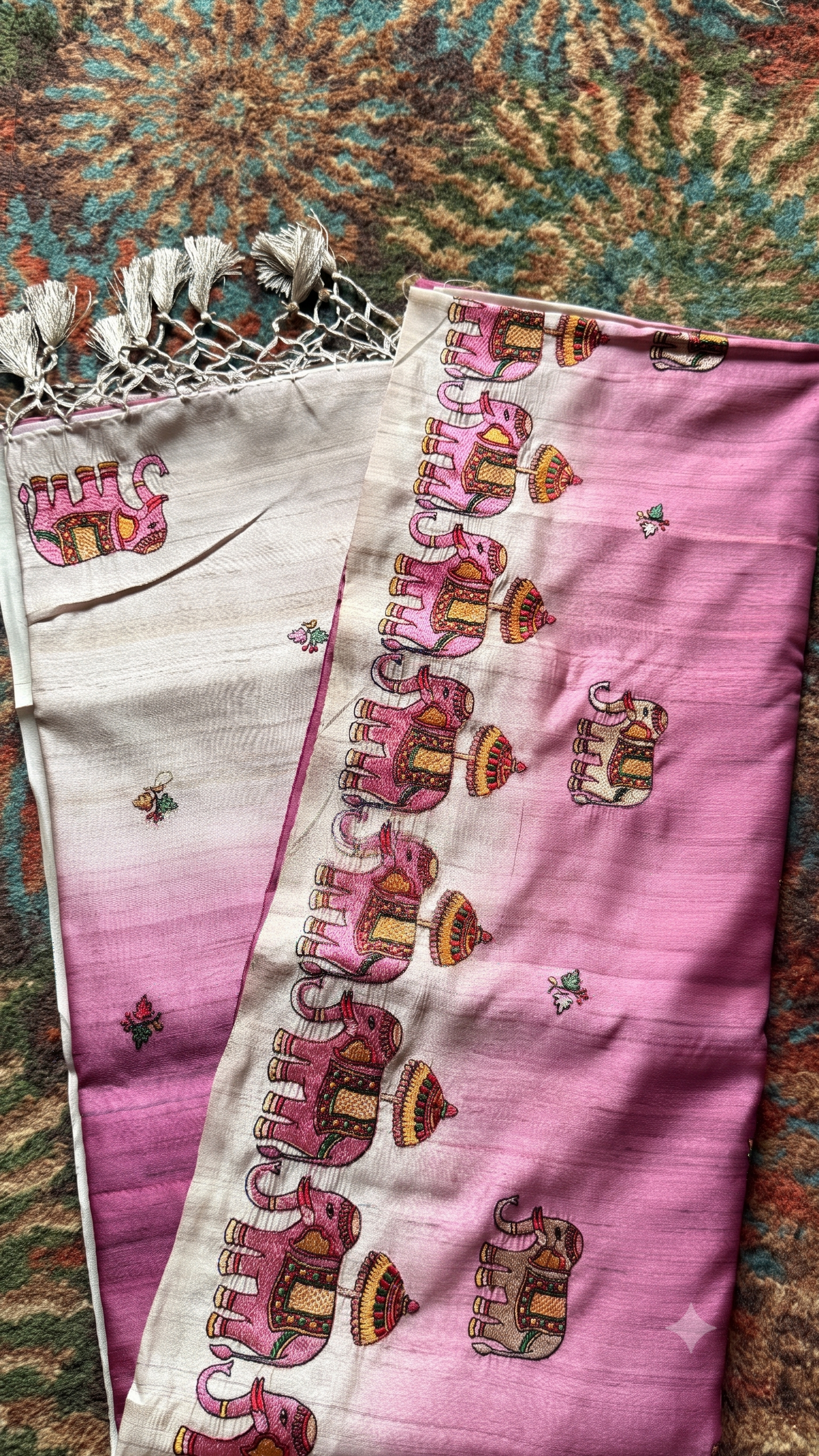 Mauve Ombre Tussar Silk Saree with Narthaki Print & Elephant Applique with Blouse Piece
