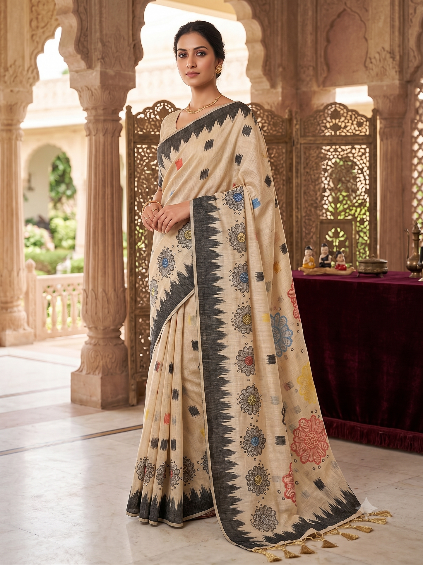 Beige Handloom Saree with Resham Weaving Butti and Zigzag Border – Motif Tassel Saree