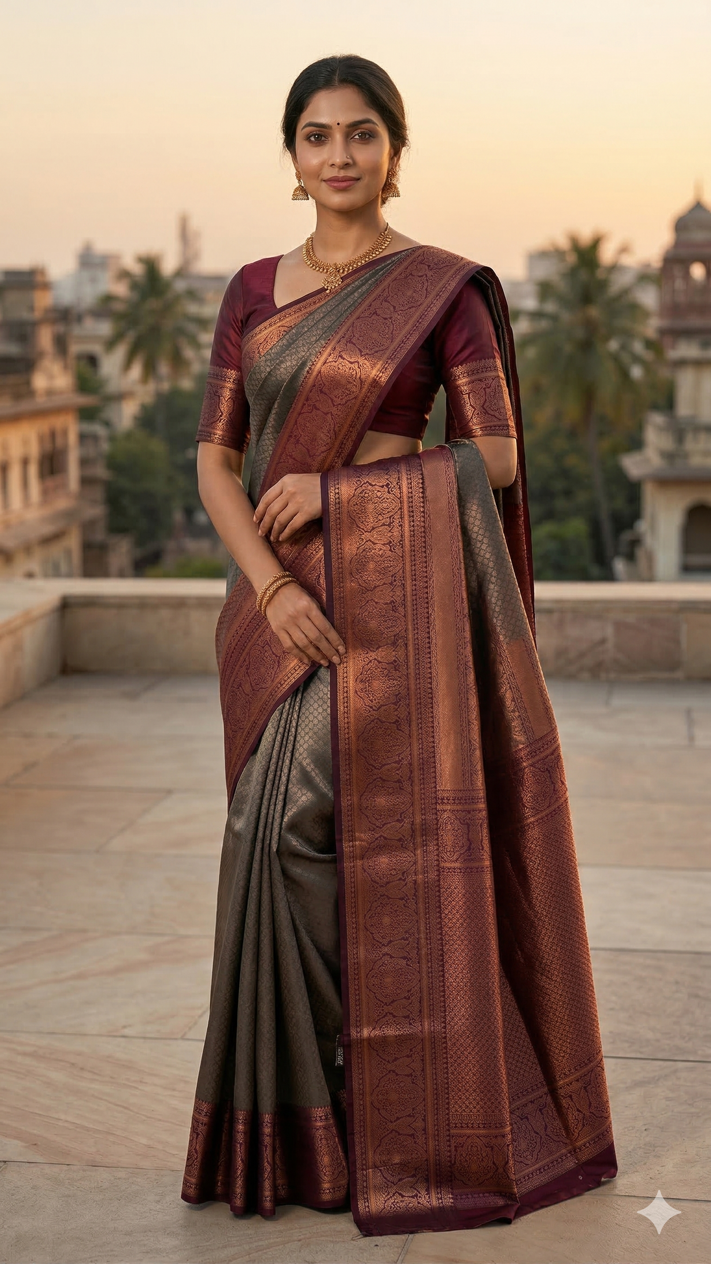 Kanchipuram Silk Saree with Blouse Piece – Charcoal Grey & Maroon Zari Woven Saree with Rich Border