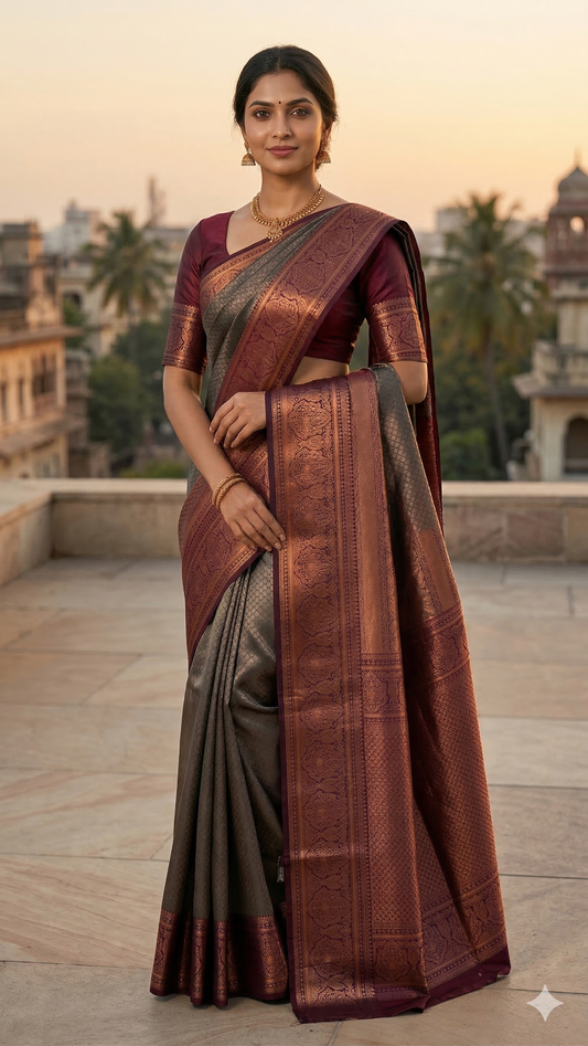 Kanchipuram Silk Saree with Blouse Piece – Charcoal Grey & Maroon Zari Woven Saree with Rich Border
