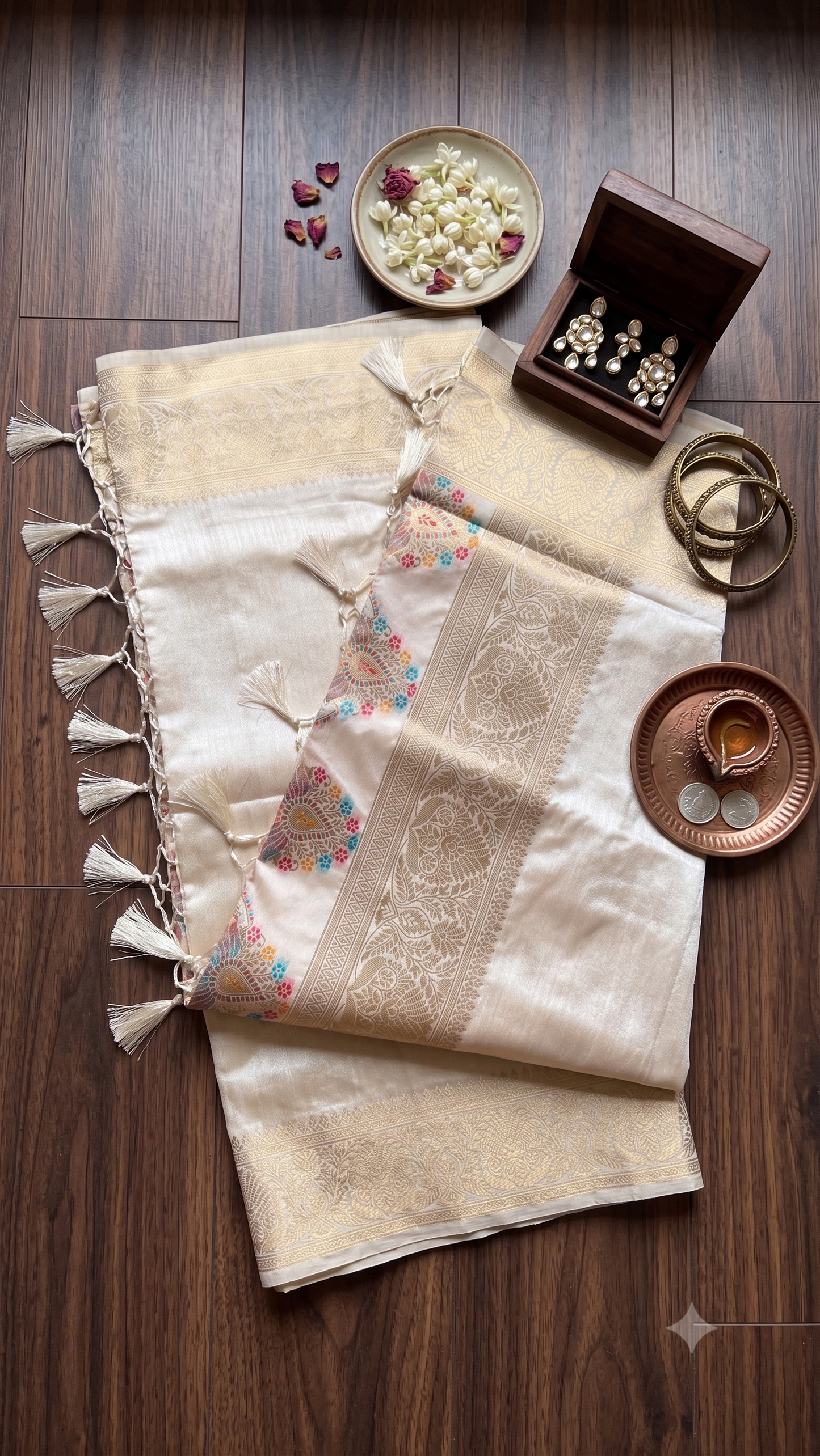 Ivory Meenakari Ghicha Silk Mix Saree with Gold Zari Border