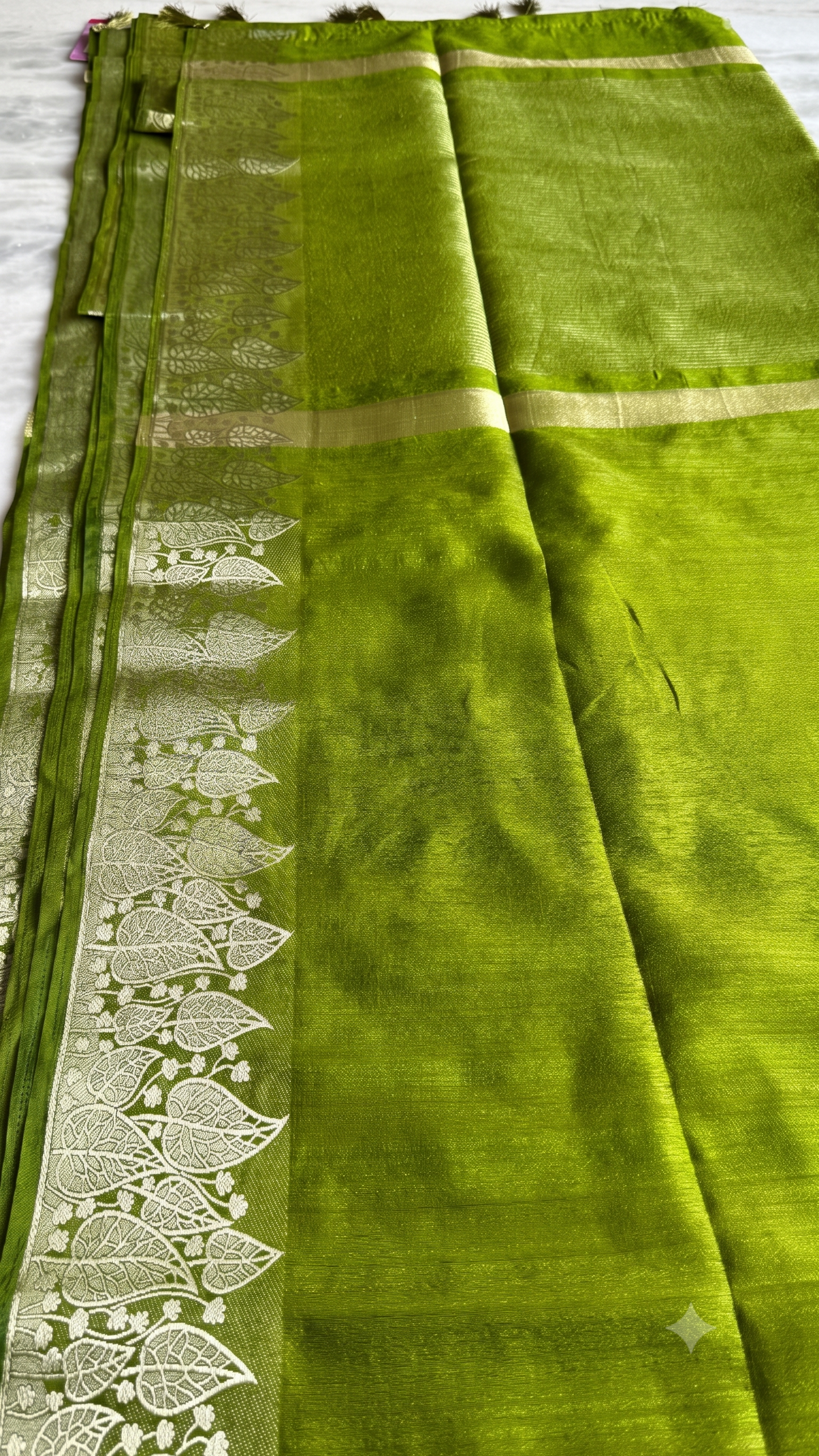 Olive Green Semi Tussar Silk Saree with Gold Leaf Border