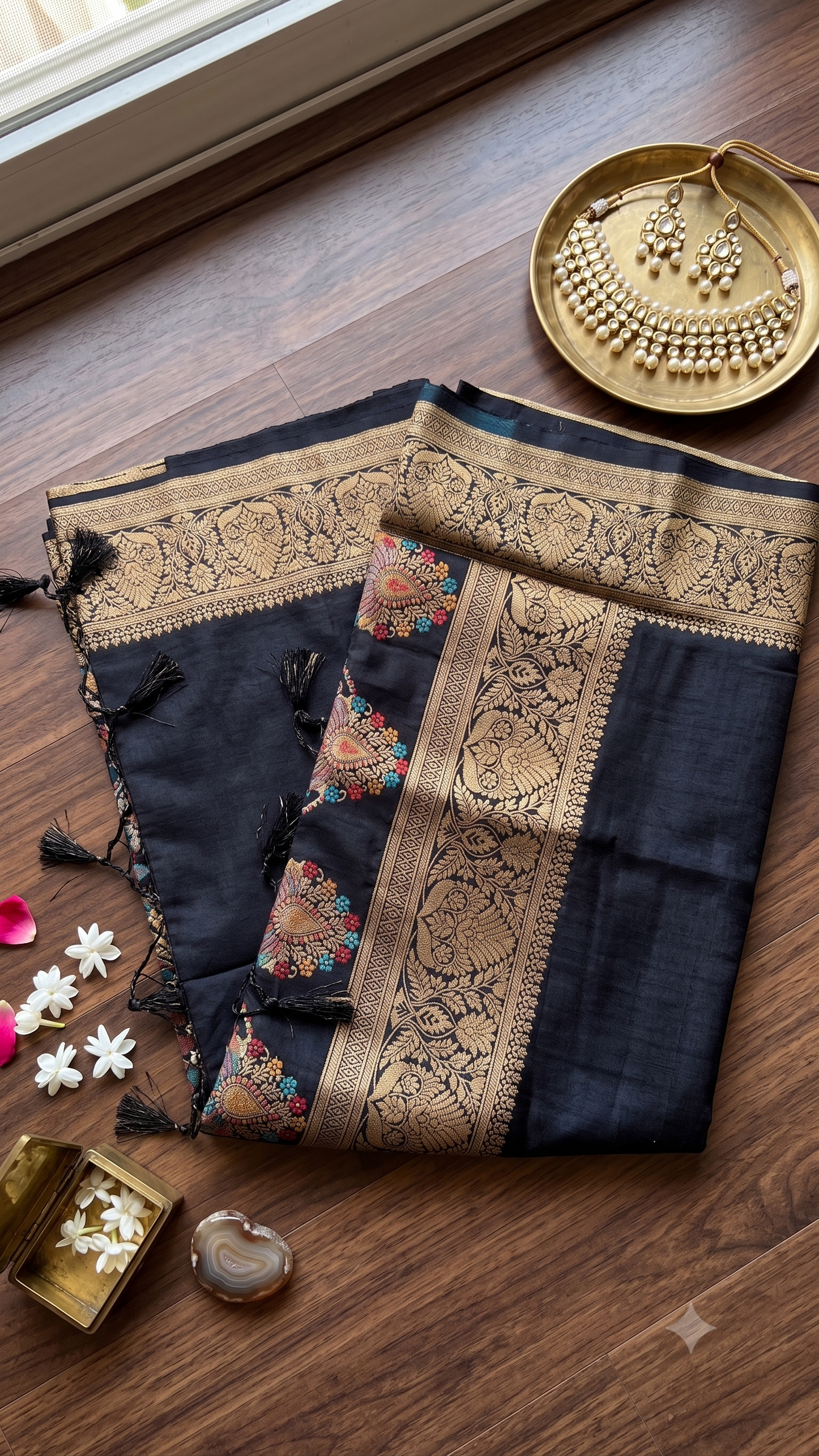 Charcoal Black Meenakari Ghicha Silk Mix Saree with Gold Zari Border