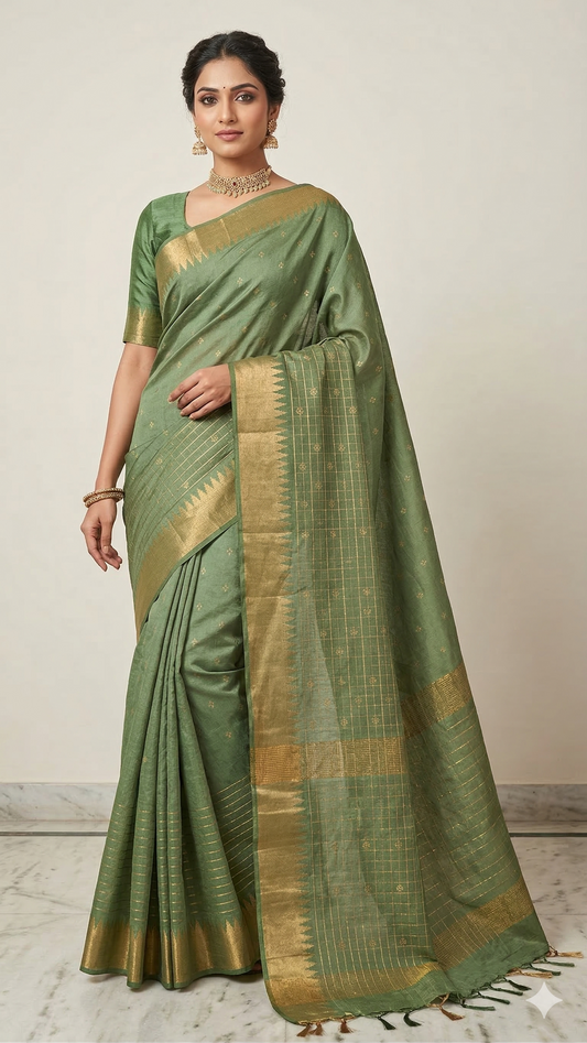Handloom Cotton Silk Saree with Blouse Piece – Olive Green Lightweight Office Wear Saree with Gold Zari Border