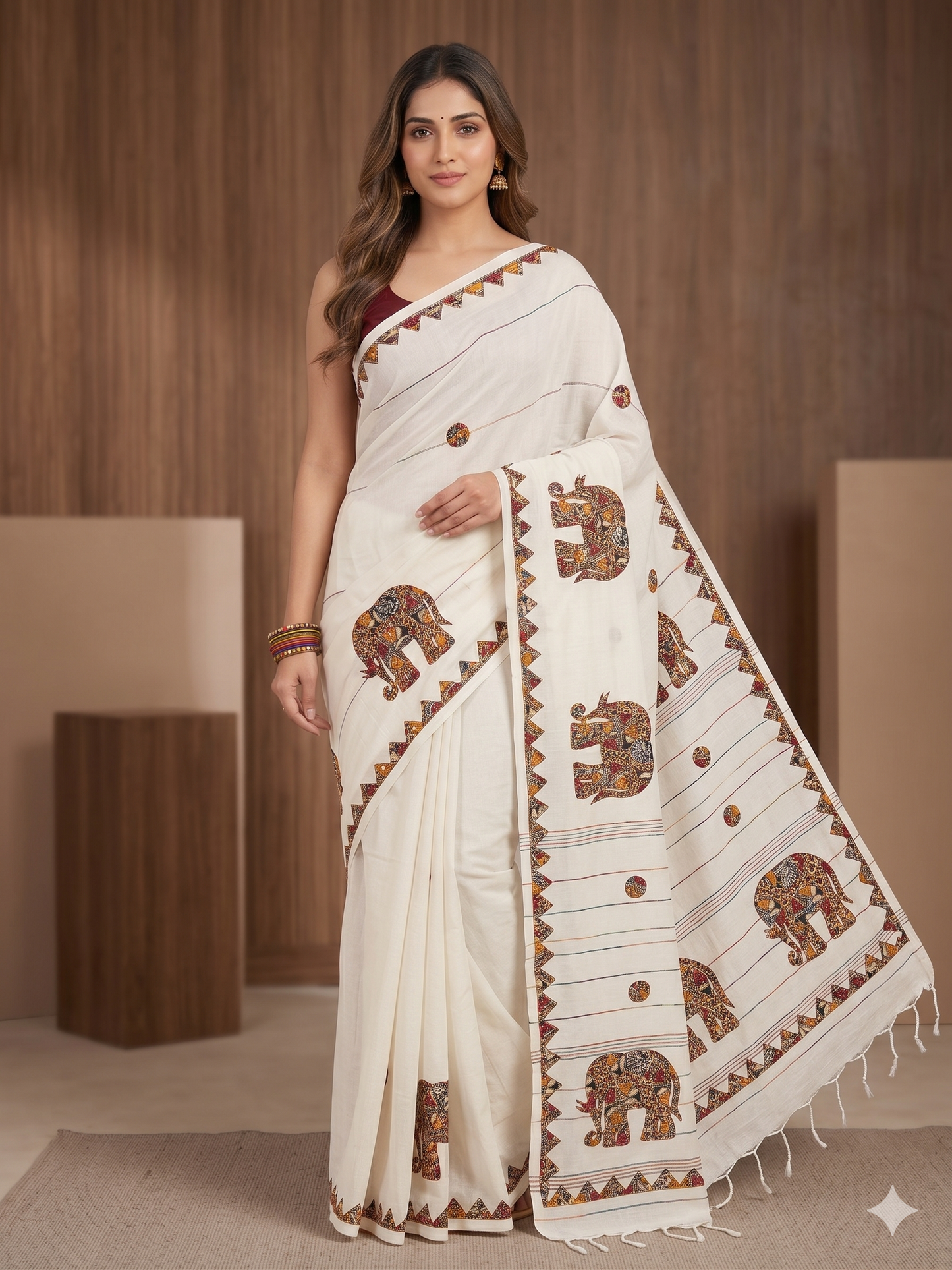 Off-White Cotton Applique Handloom Saree | Kalamkari Elephant Motif | Handcrafted Indian Ethnic Wear
