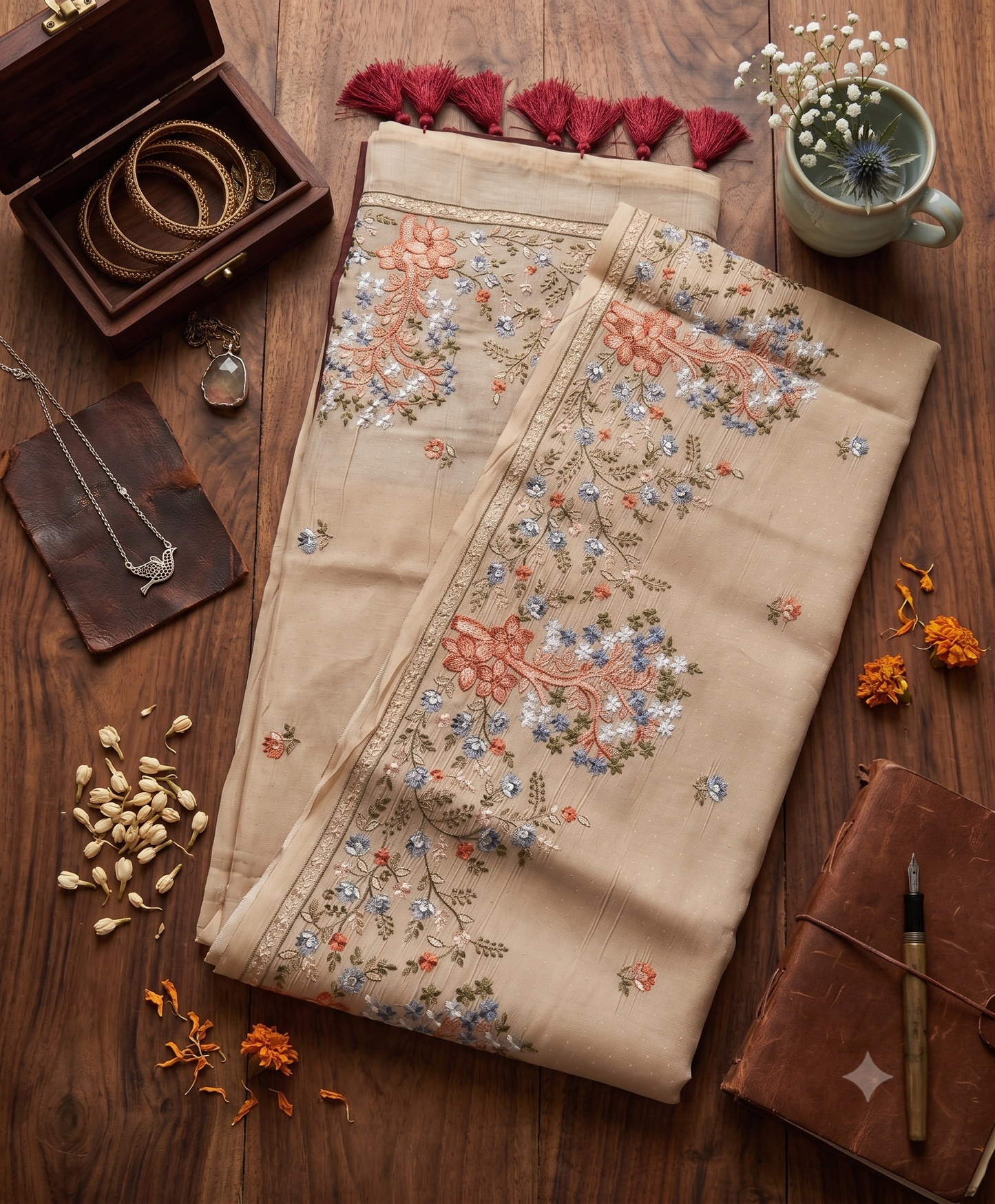 Beige Silk Crepe Saree with Multicolor Floral Embroidery