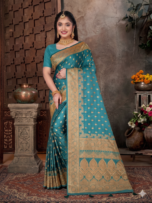 Kaya Kalpo Teal Blue Satin Weave Saree | Gold Zari Booti Body & Large Leaf Woven Pallu | Festive & Bridal Wear