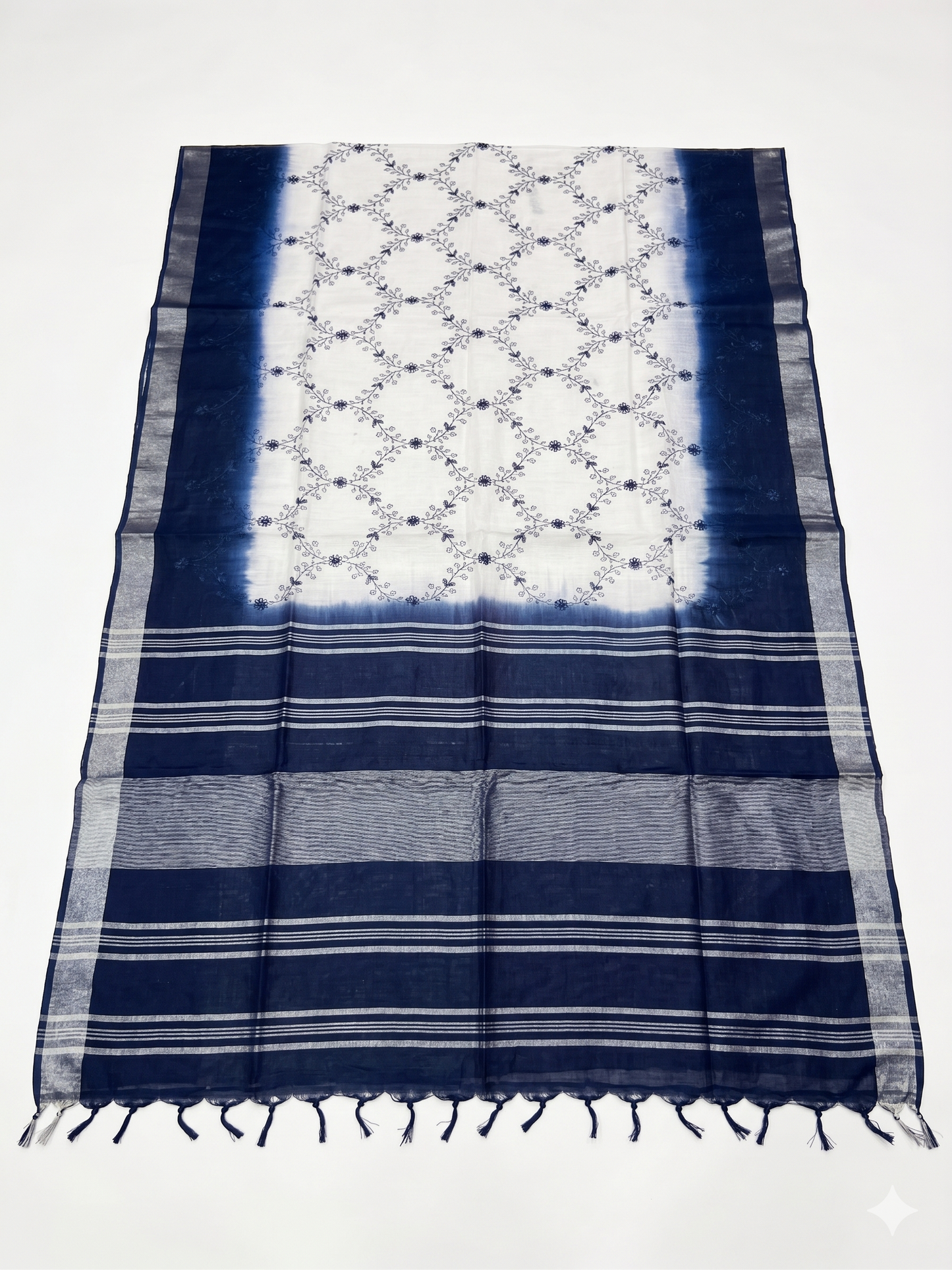 Kaya Kalpo Blue & White Linen Kantha Stitch Saree with Floral Design & Tassels