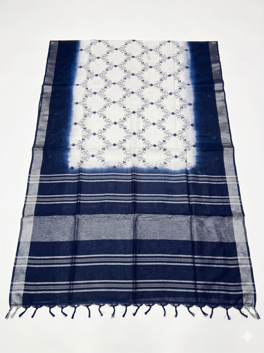 Kaya Kalpo Blue & White Linen Kantha Stitch Saree with Floral Design & Tassels