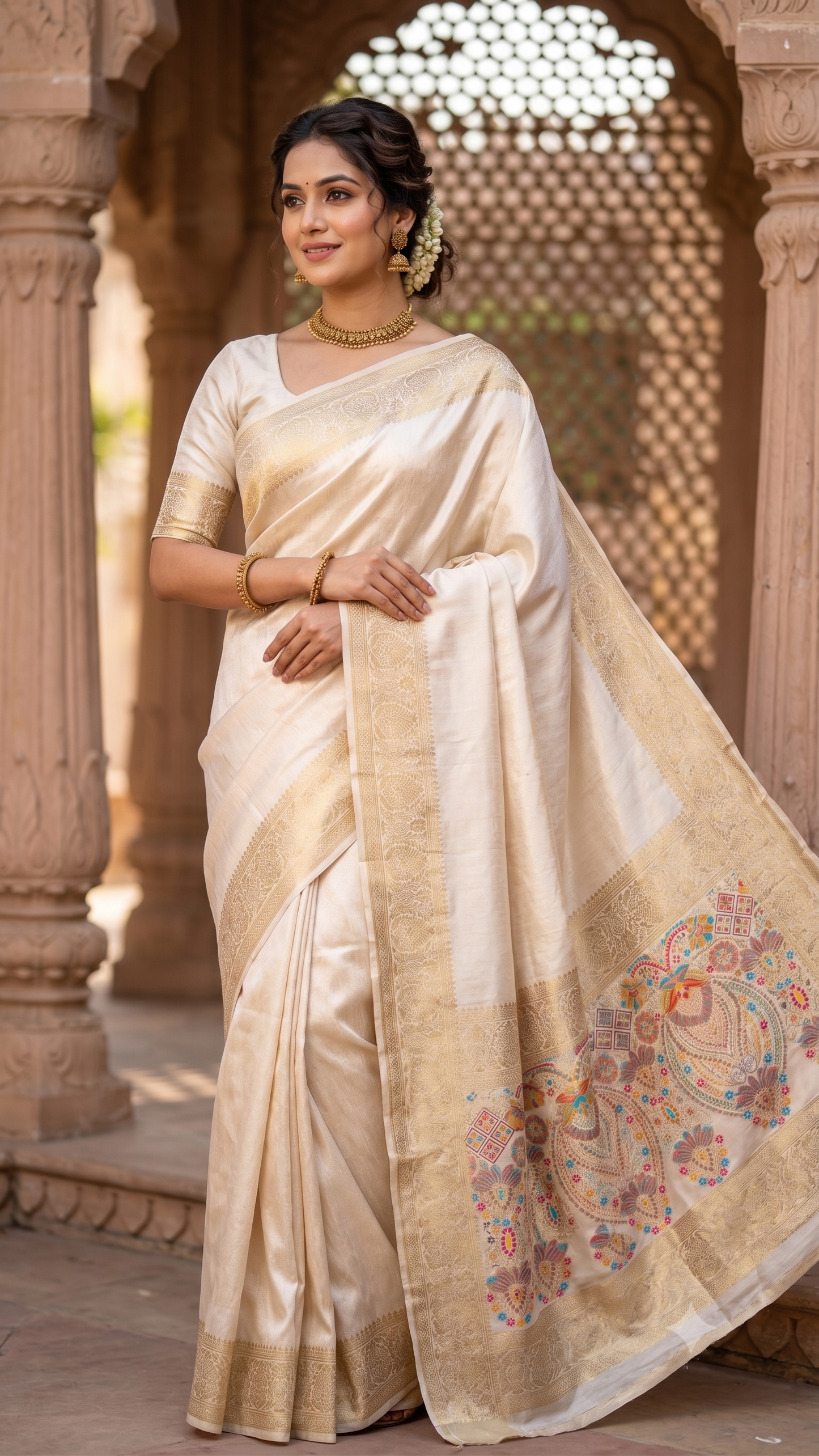Ivory Meenakari Ghicha Silk Mix Saree with Gold Zari Border