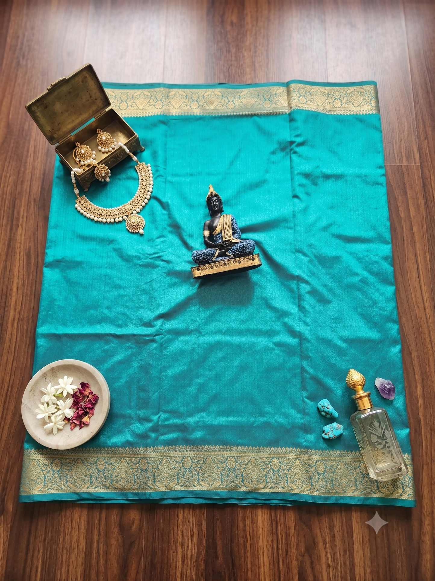 Teal Meenakari Ghicha Silk Mix Saree with Zari Border & Paisley Pallu