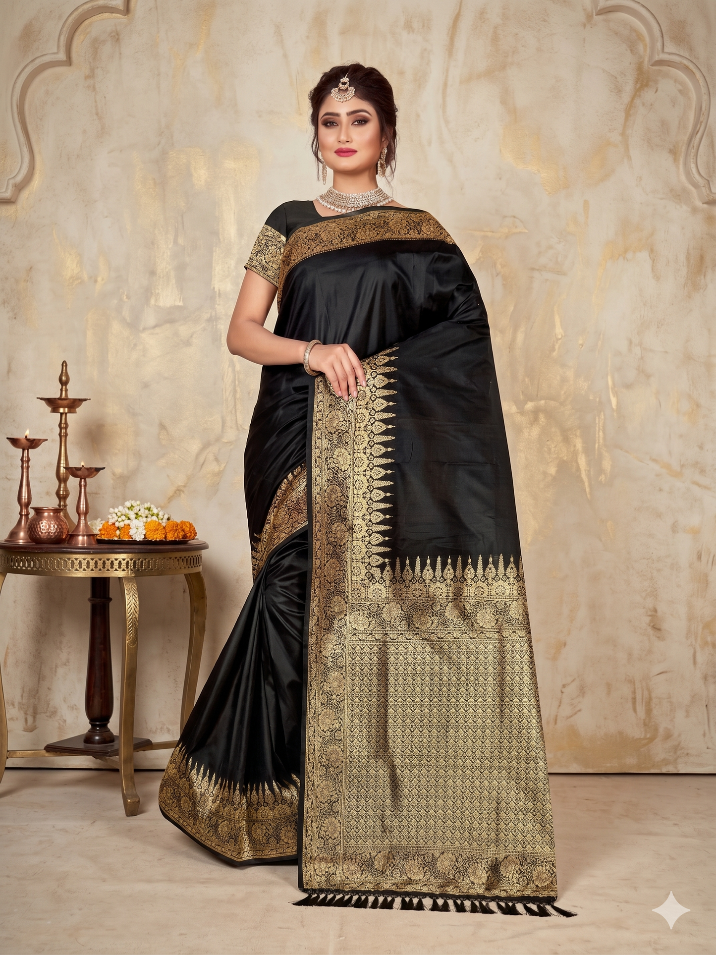 Kaya Kalpo Black Satin Crepe Silk Saree | Gold Zari Temple Border & Pallu | Party & Festive Wear
