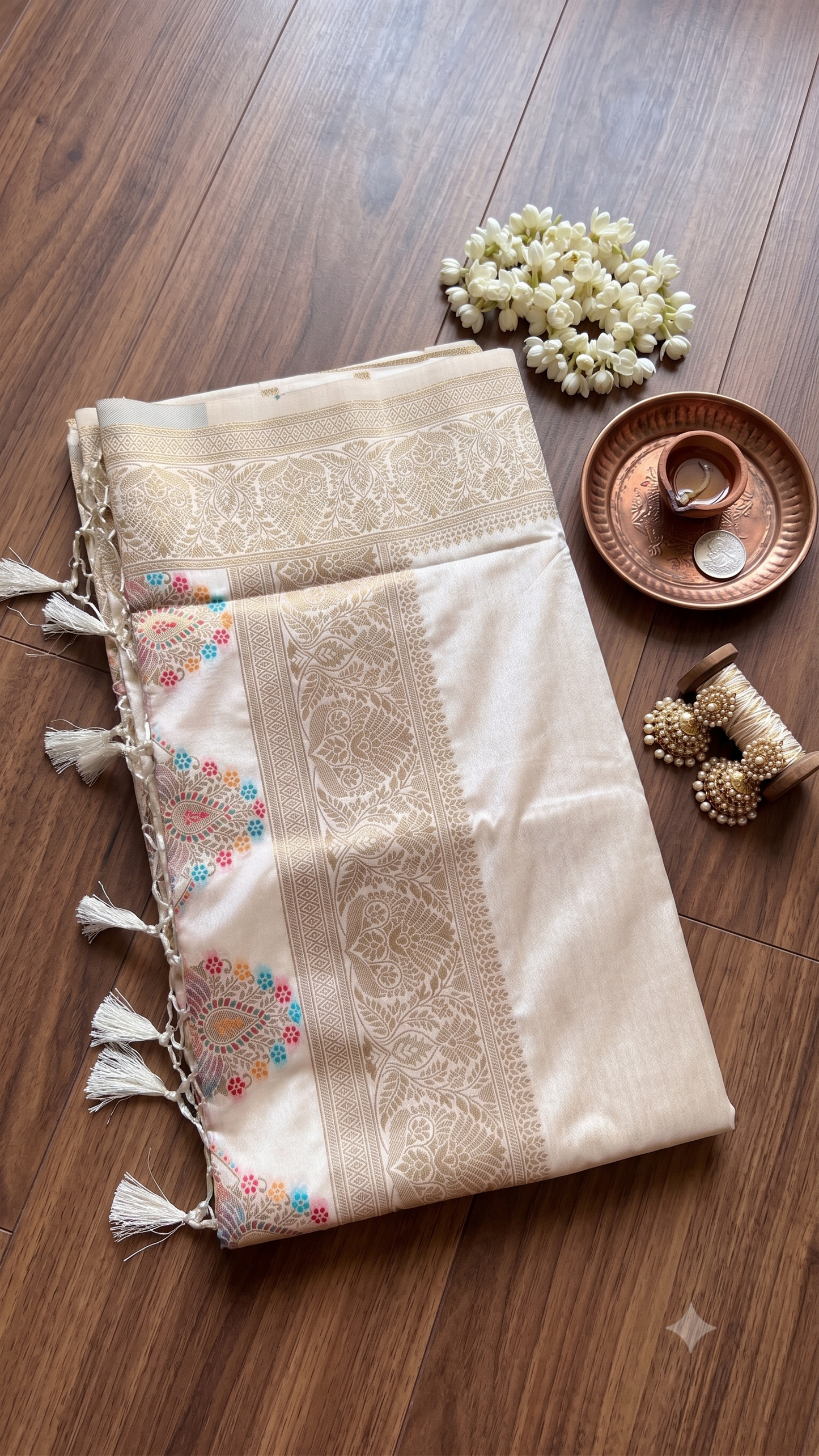 Ivory Meenakari Ghicha Silk Mix Saree with Gold Zari Border