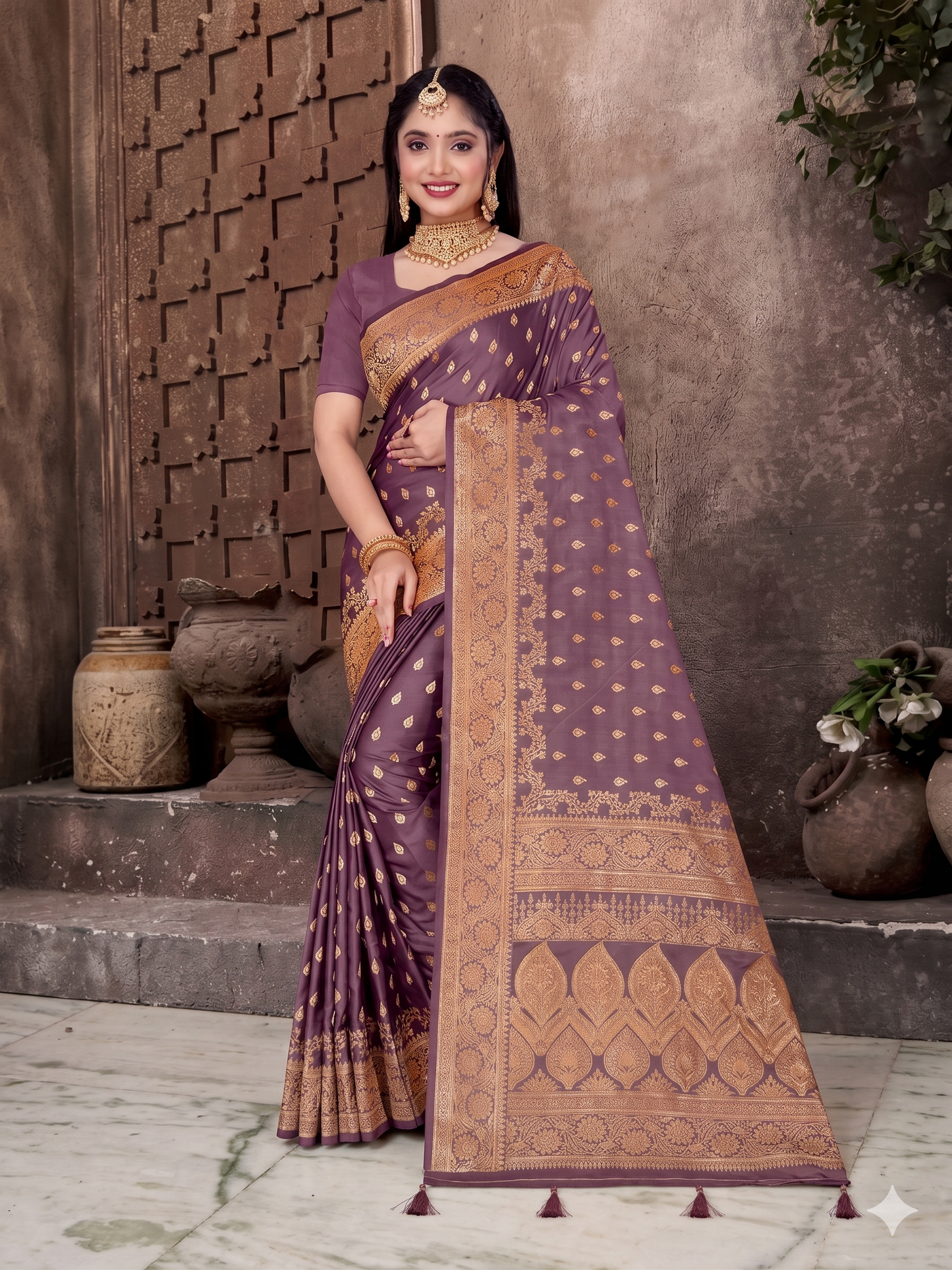 Kaya Kalpo Mauve Purple Satin Weave Saree | Antique Gold Zari Booti Body & Large Leaf Woven Pallu | Bridal & Festive Wear