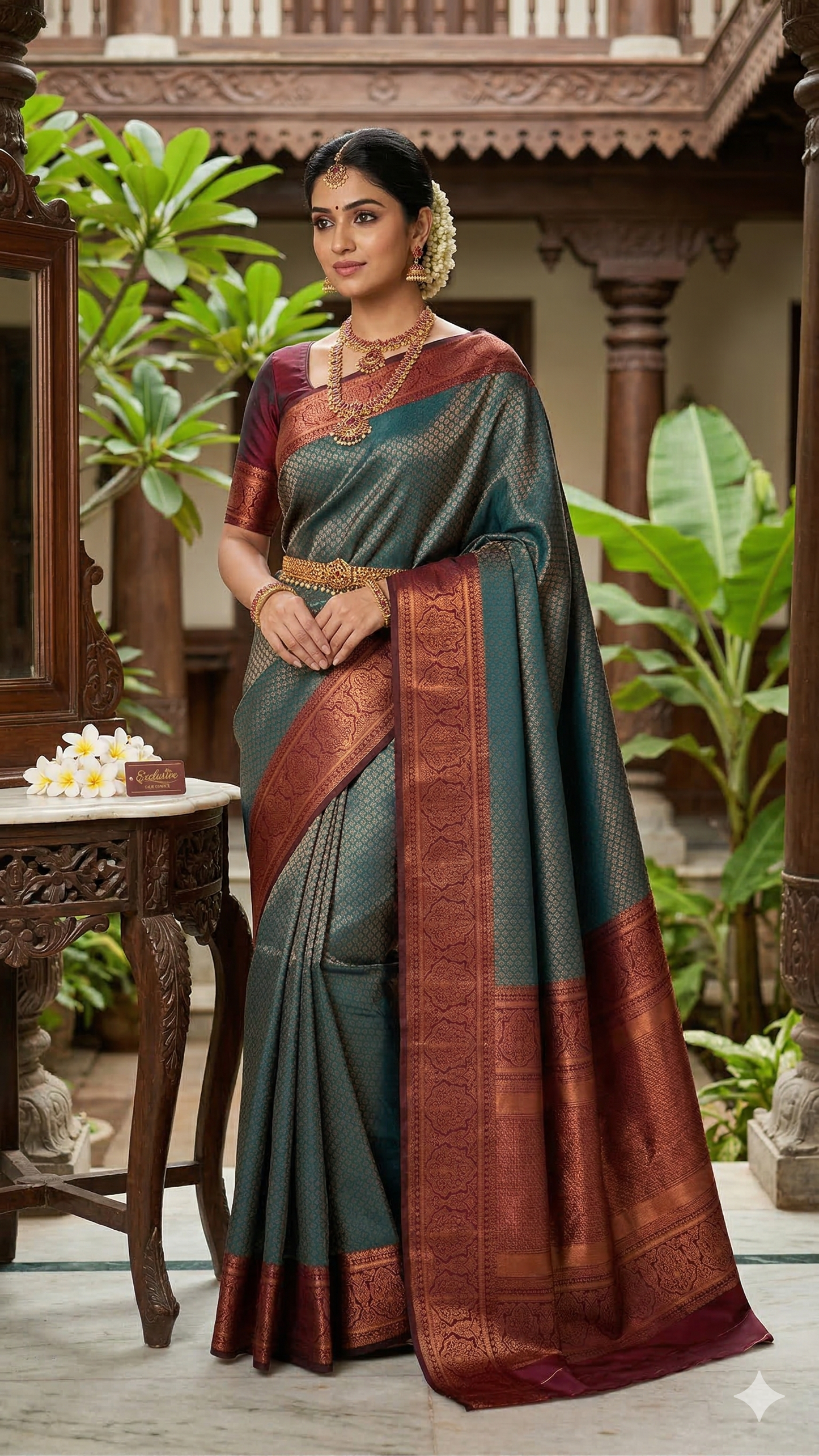 Kanchipuram Silk Saree with Blouse Piece – Teal Green Zari Woven Saree with Maroon Border