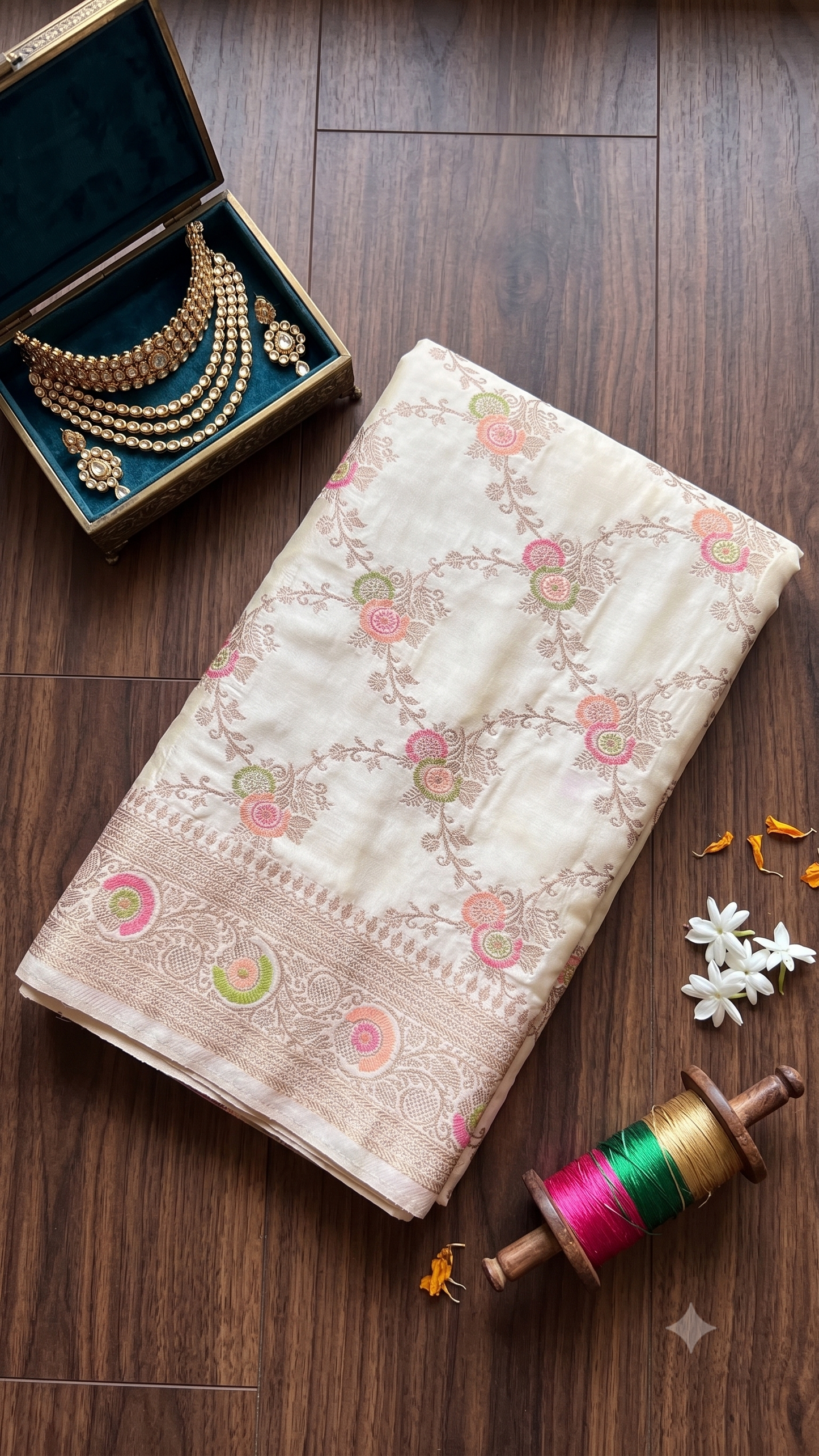 Ivory Banarasi Katan Silk Saree with Pink-Green Zari Floral Jaal & Blouse Piece