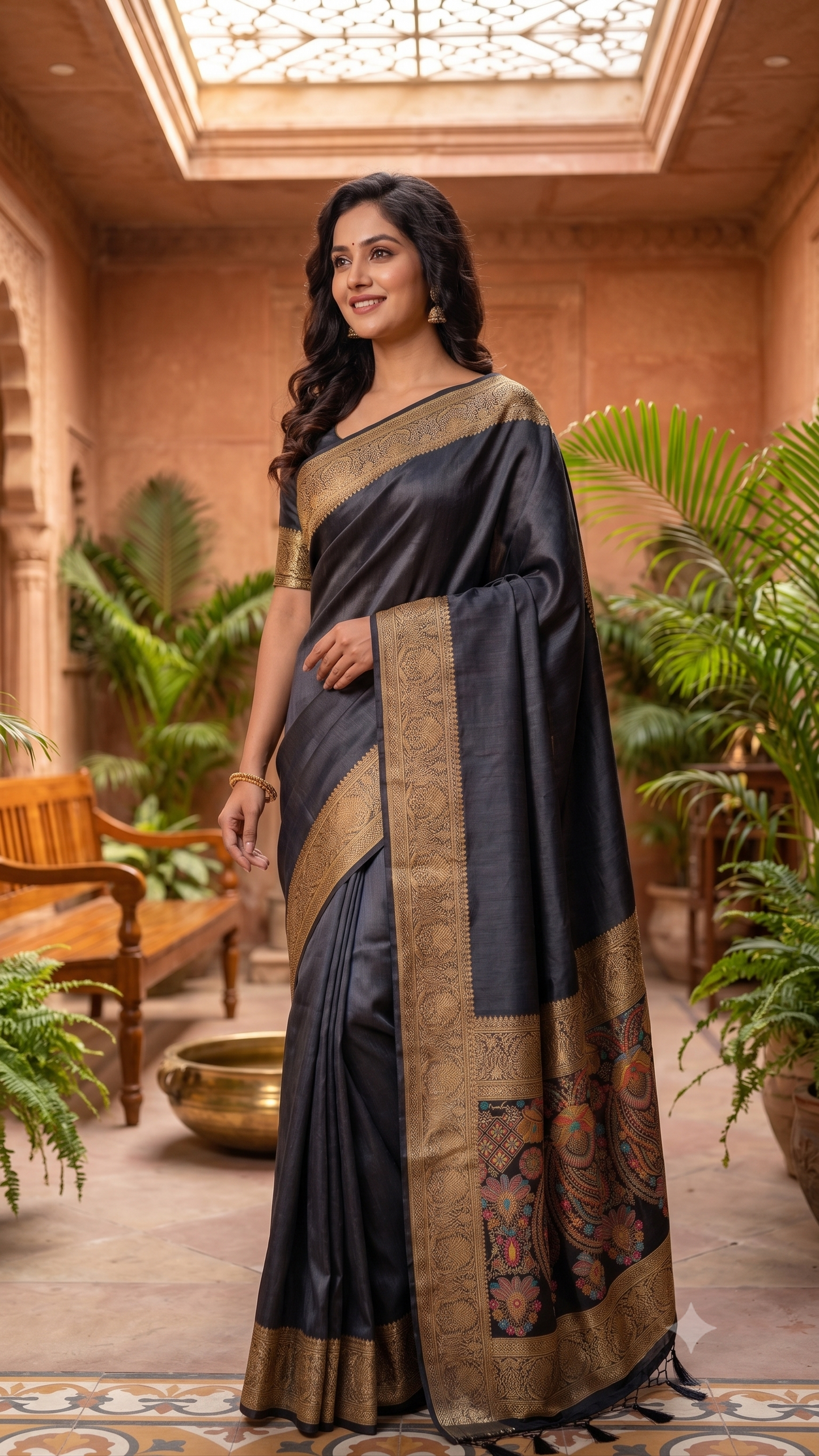 Charcoal Black Meenakari Ghicha Silk Mix Saree with Gold Zari Border