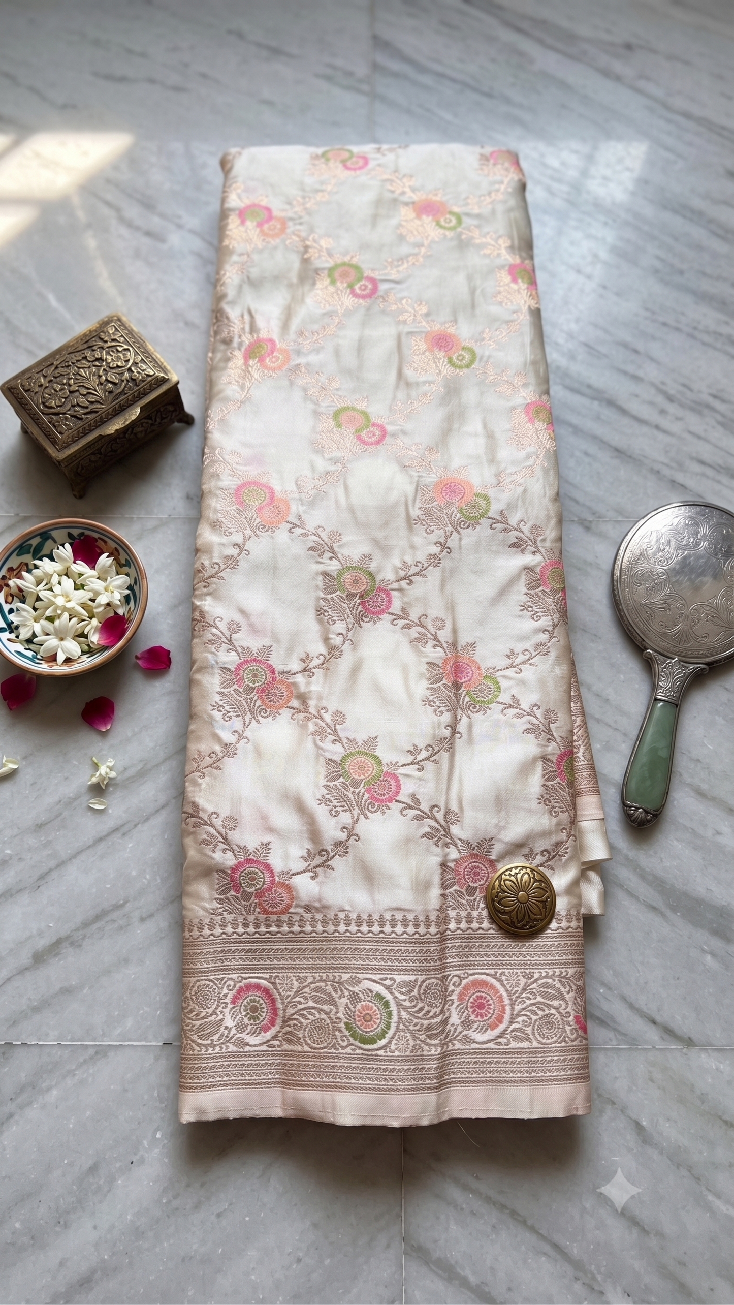 Ivory Banarasi Katan Silk Saree with Pink-Green Zari Floral Jaal & Blouse Piece